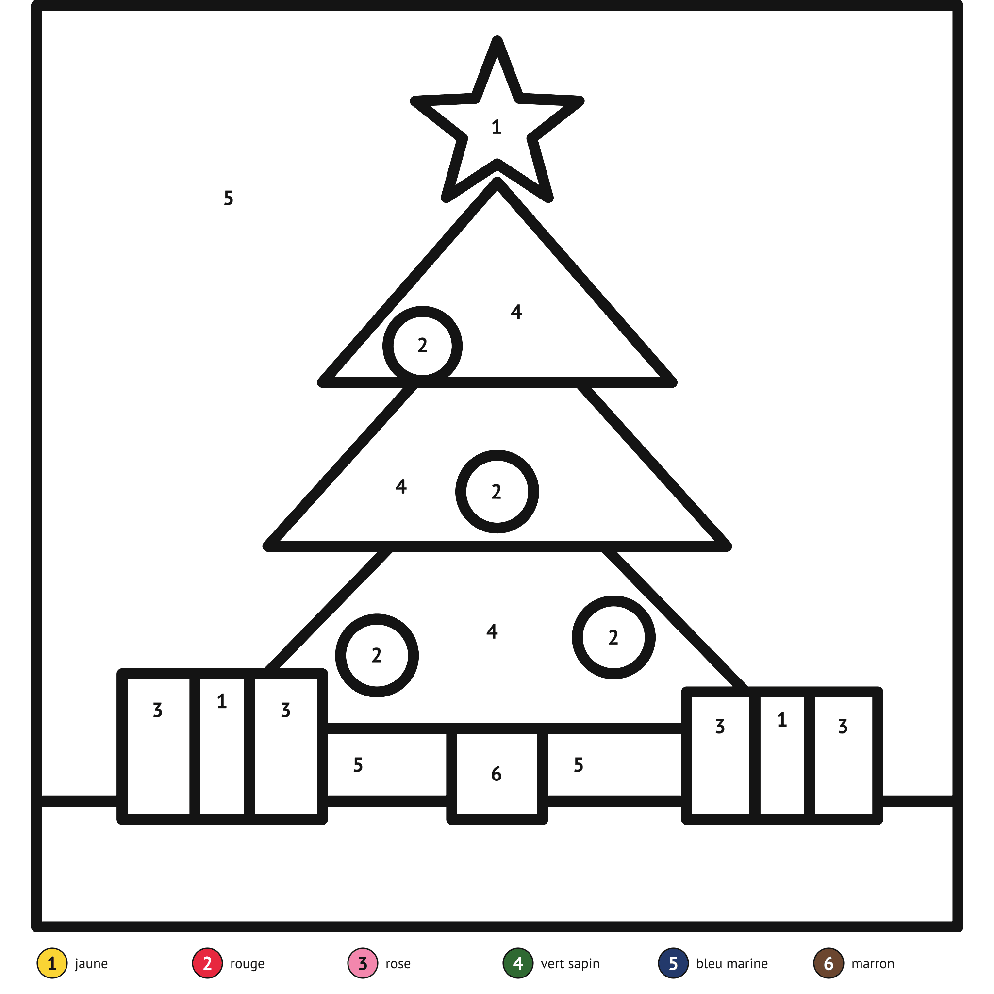 Coloriage magique à imprimer, le sapin de Noël : zones numérotées et légende de couleurs