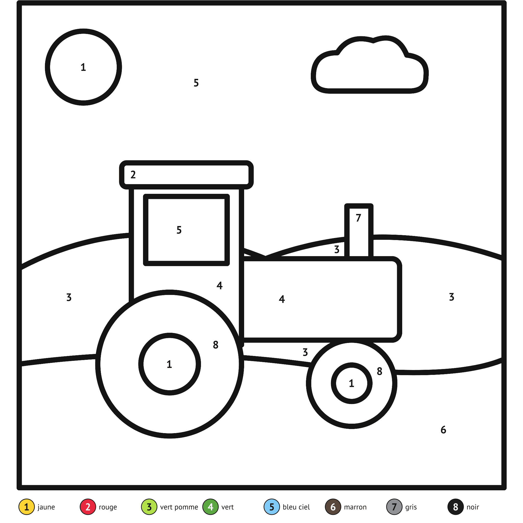 Coloriage magique à imprimer, le tracteur : zones numérotées et légende de couleurs