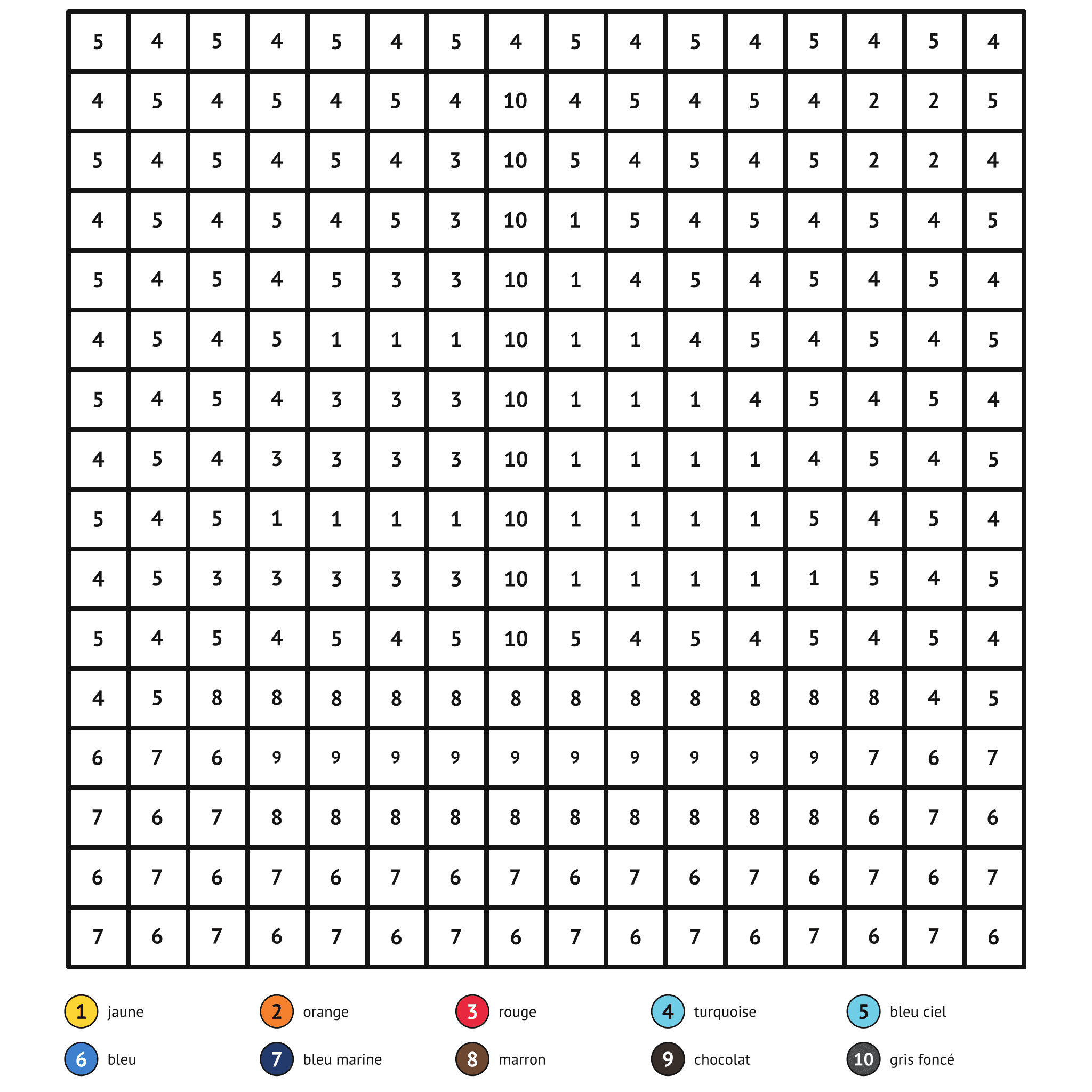 Coloriage magique à imprimer, le voilier : zones numérotées et légende de couleurs