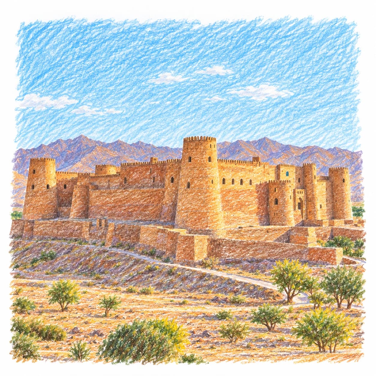 Modèle colorié: Coloriage de l'Afghanistan : forteresse en terre