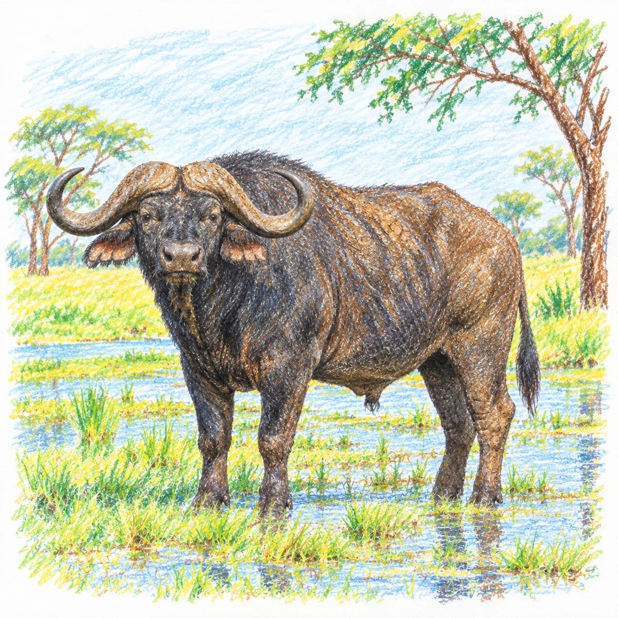 Modèle colorié: Coloriage de buffle d'Afrique