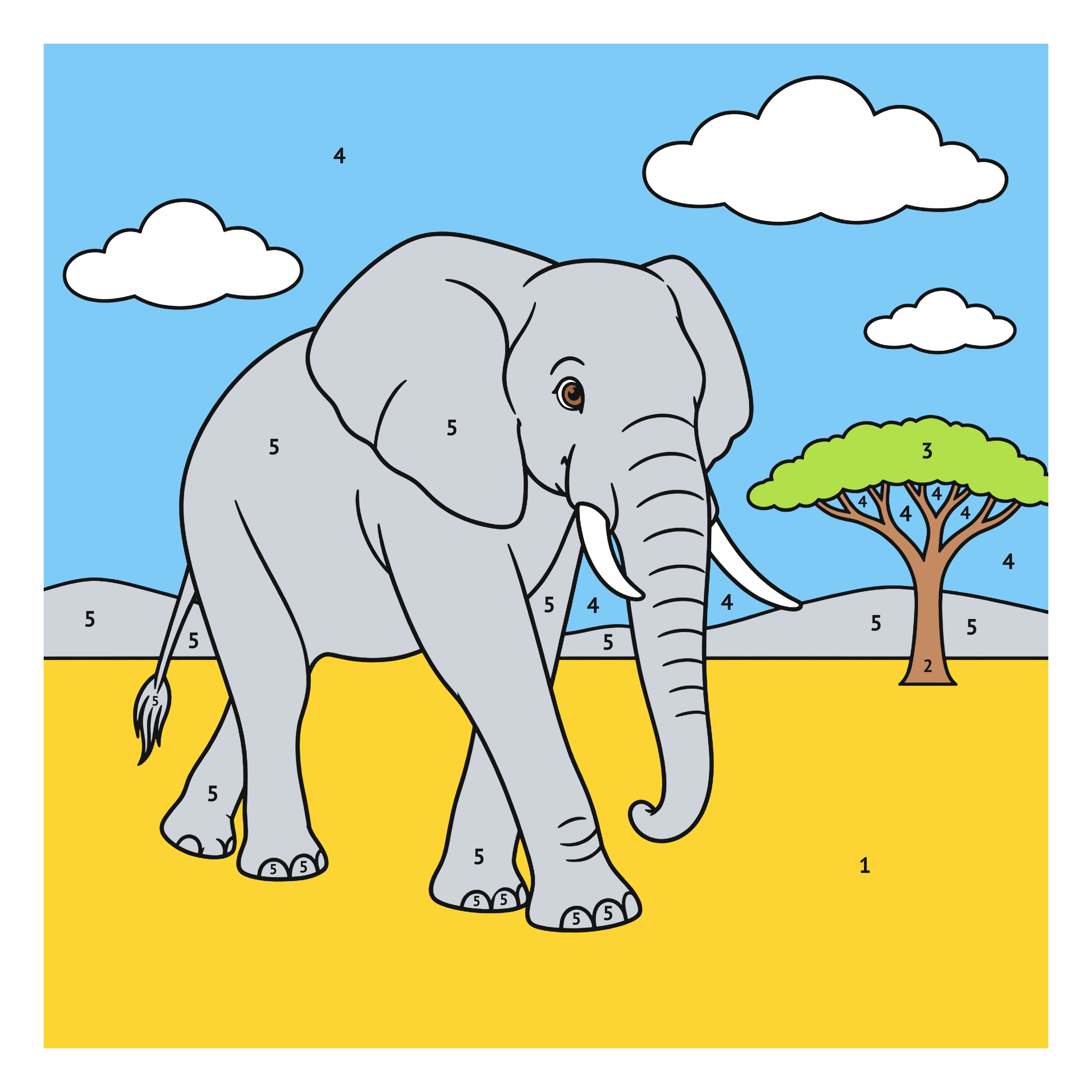Modèle colorié: Éléphant d’Afrique : coloriage au numéro à imprimer