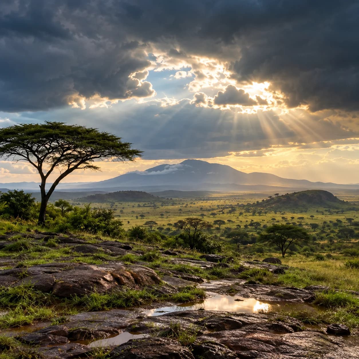 Photo réaliste: Coloriage de la savane africaine : éclaircie après l'orage