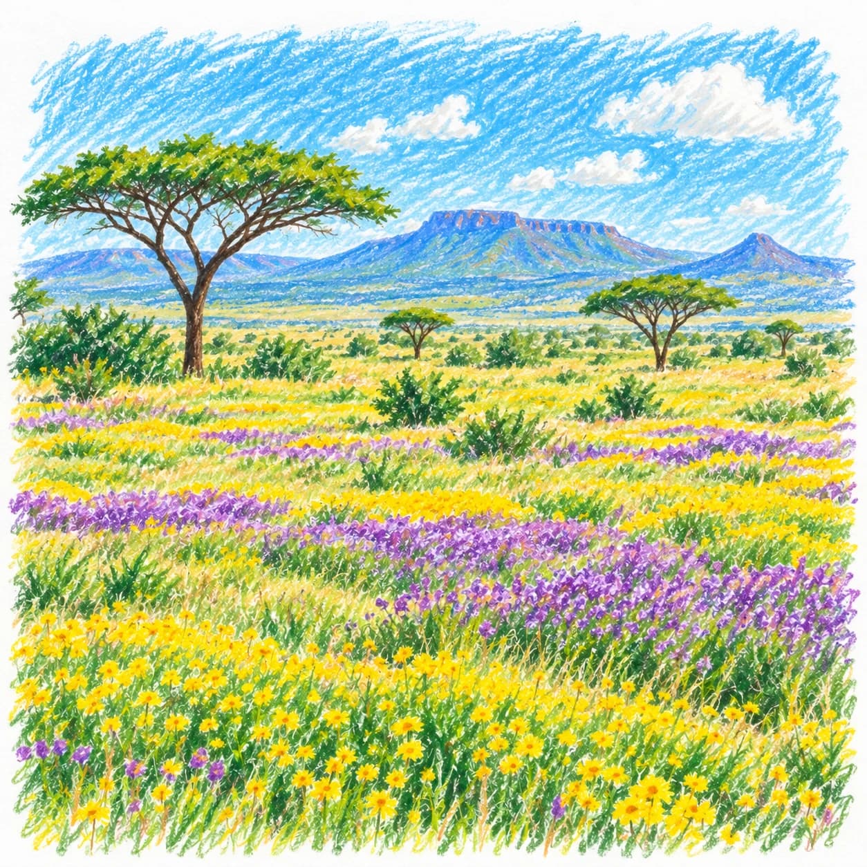 Modèle colorié: Coloriage de la savane africaine : fleurs de saison