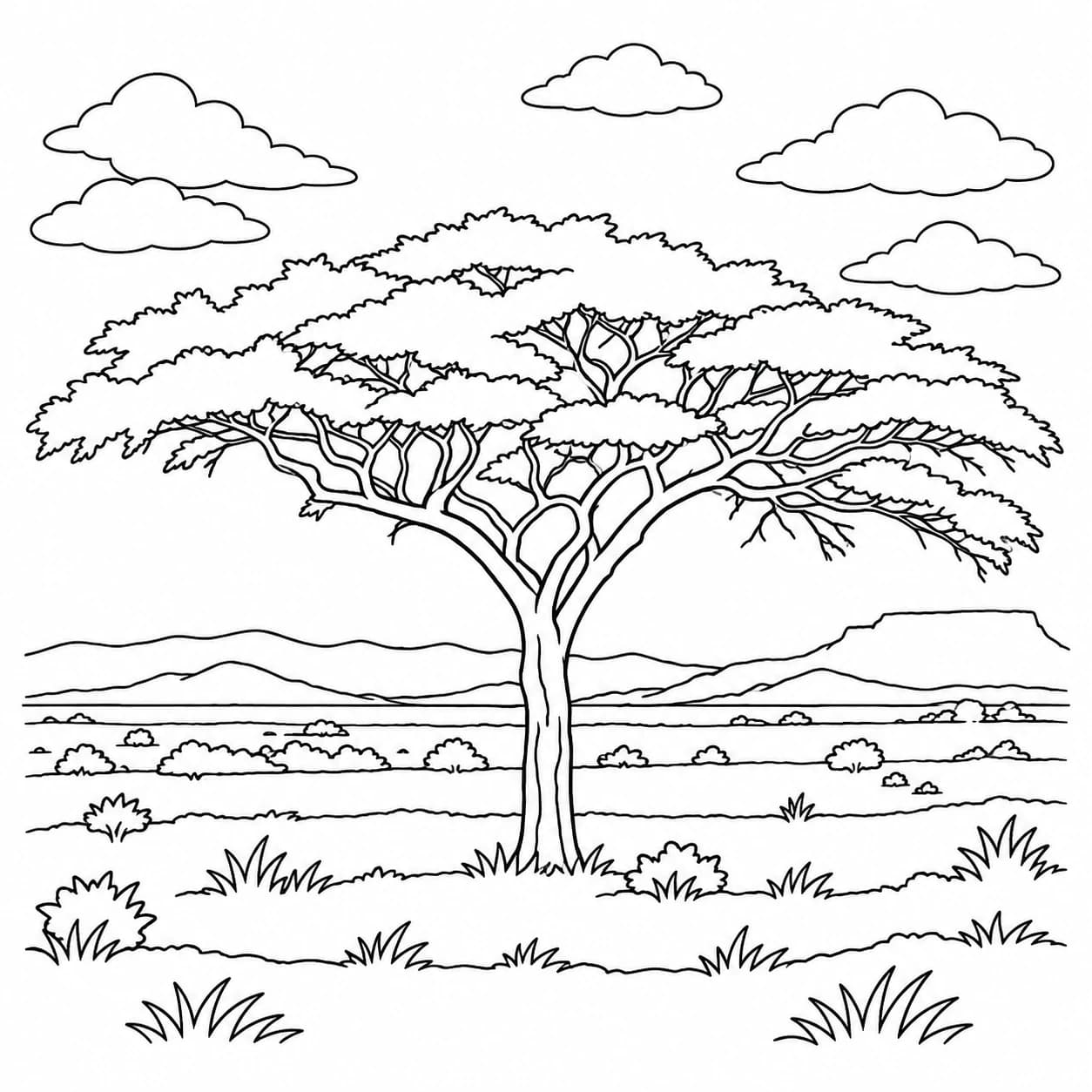 Coloriage: Coloriage de la savane africaine : arbre solitaire