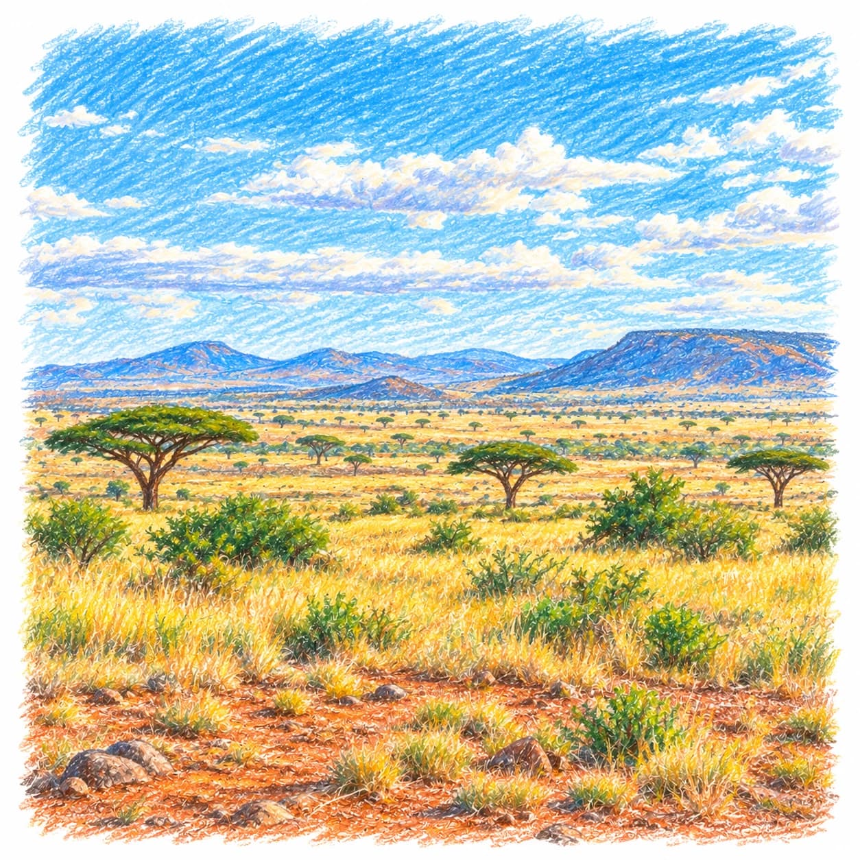 Colored model: African savanna wide panorama coloring page