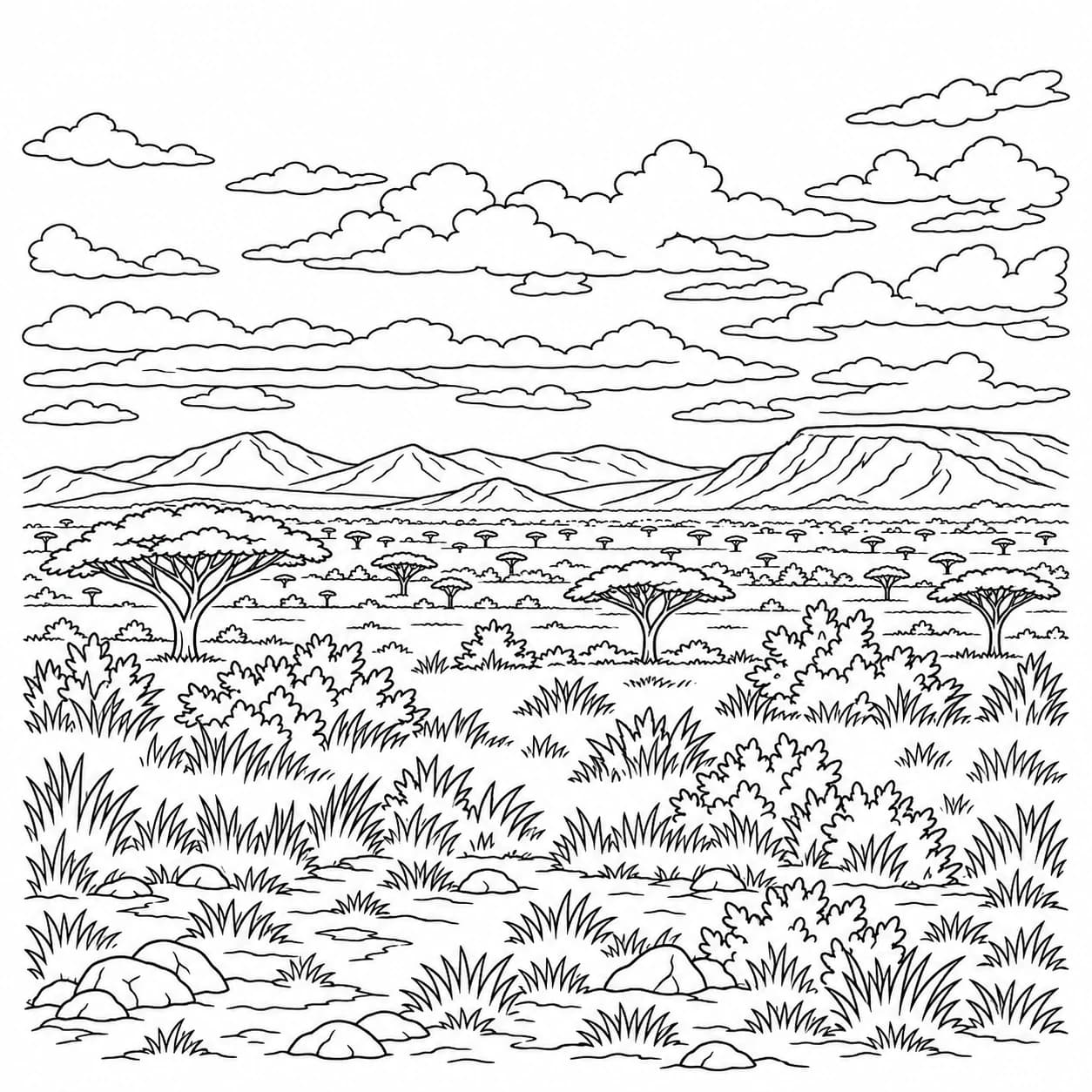 Coloriage: Coloriage de la savane africaine : vaste panorama