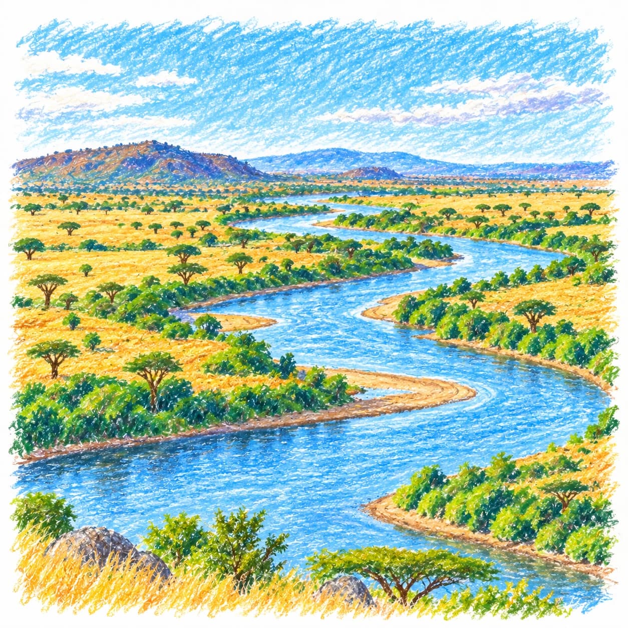 Modèle colorié: Coloriage de la savane africaine : rivière sinueuse