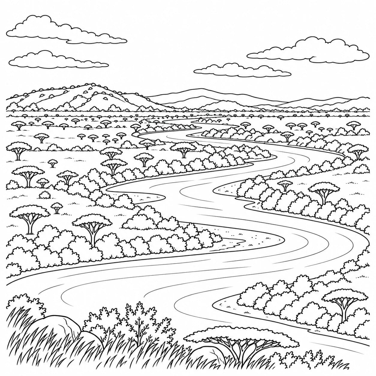 Coloriage: Coloriage de la savane africaine : rivière sinueuse