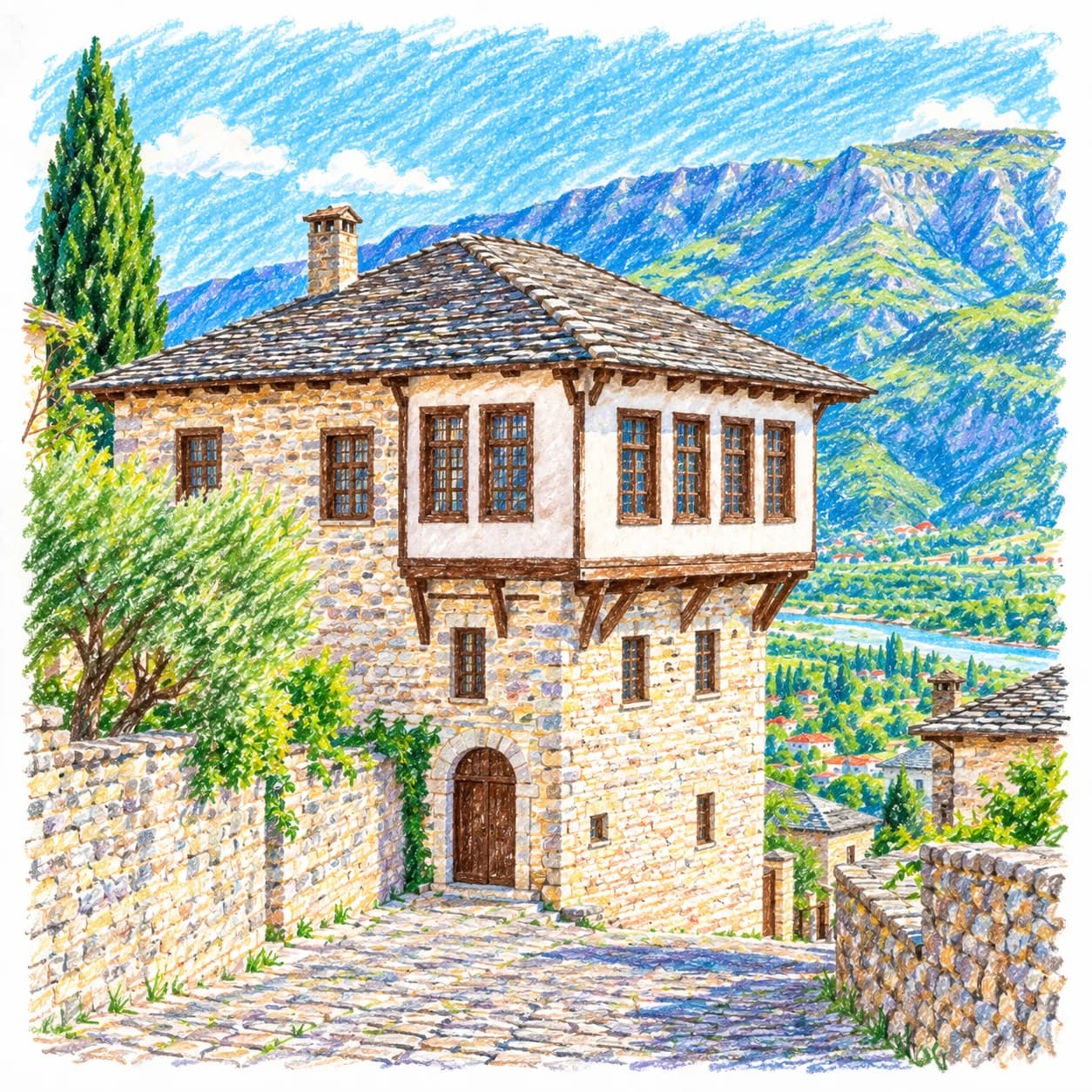 Colored model: Albania coloring page: stone house in an old town