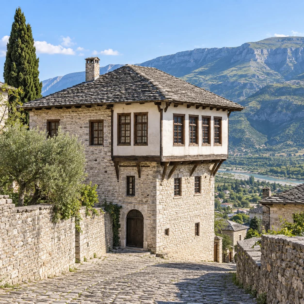 Realistic source: Albania coloring page: stone house in an old town