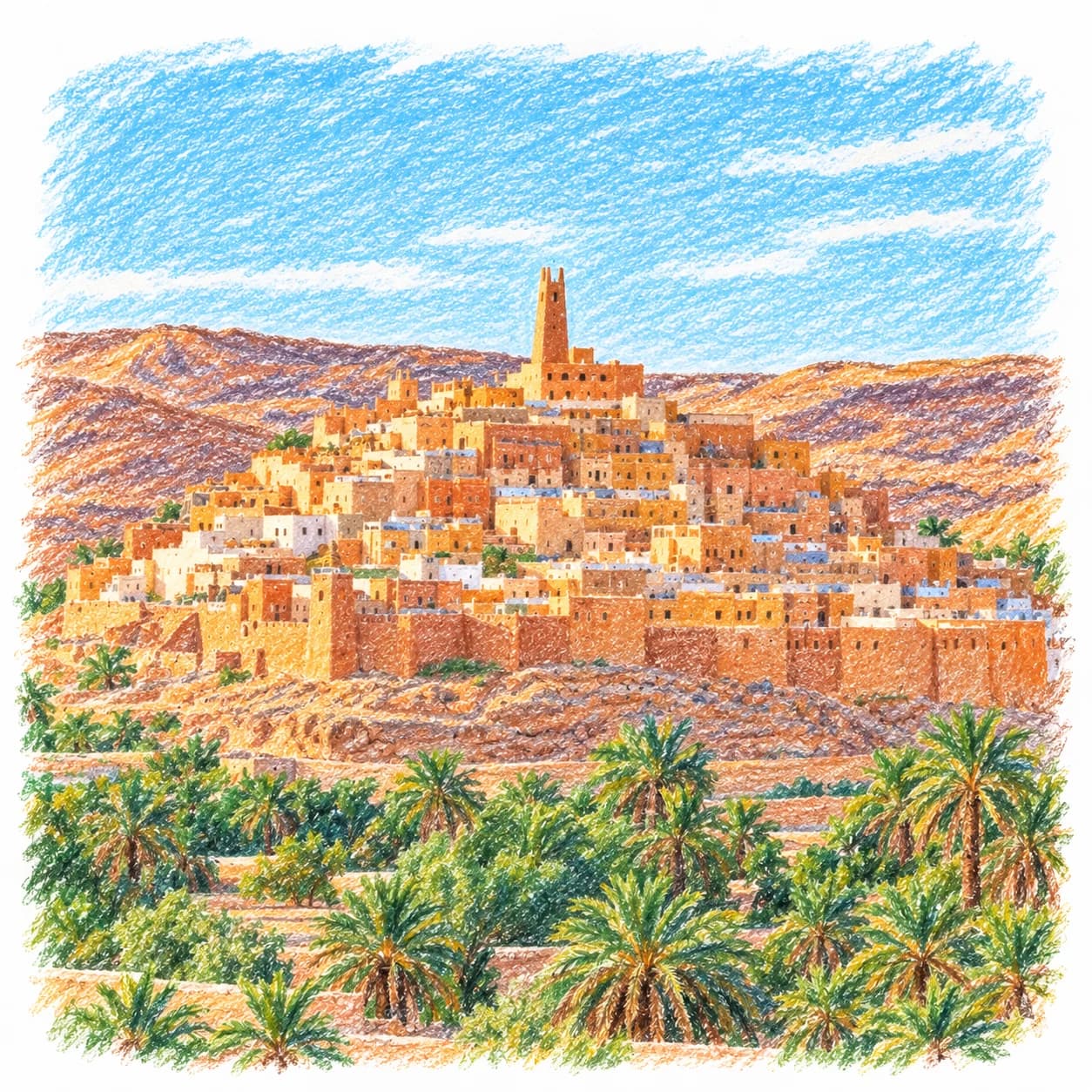 Modèle colorié: Coloriage de l'Algérie : ville du désert sur une colline