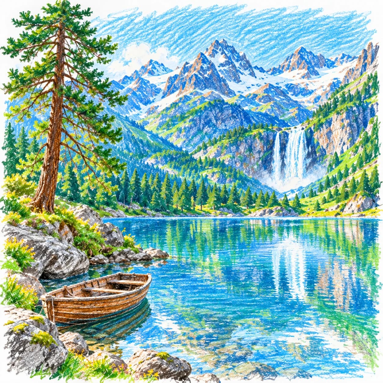 Colored model: Alpine lake coloring page