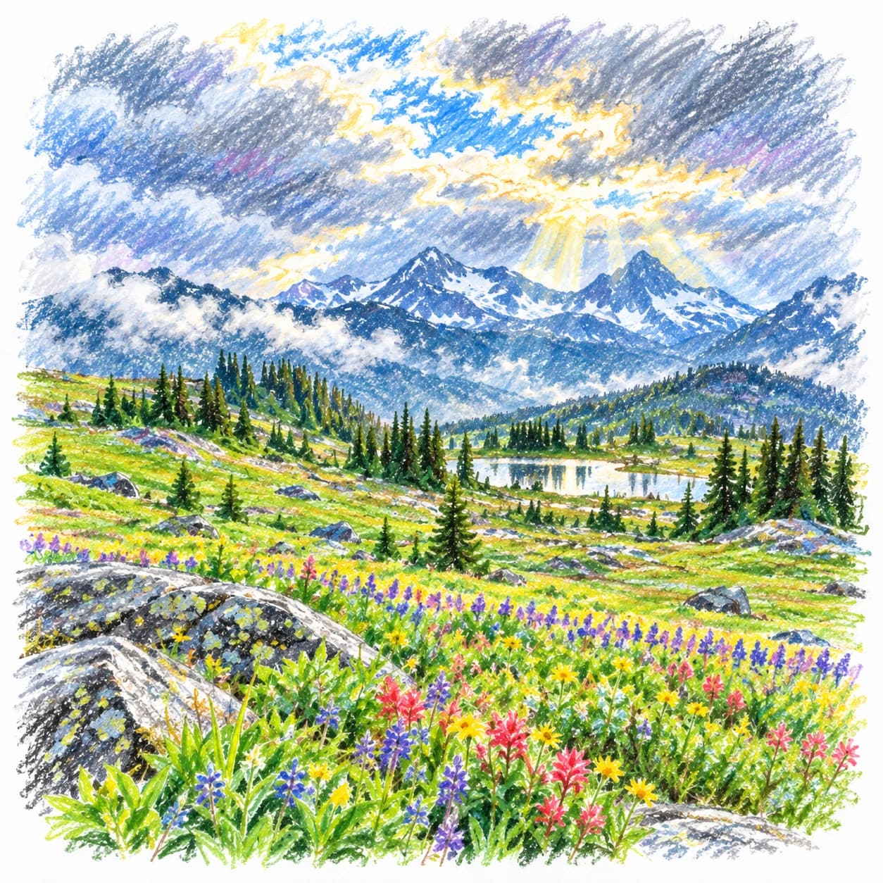 Modèle colorié: Coloriage d'une prairie alpine fleurie : éclaircie après l'orage