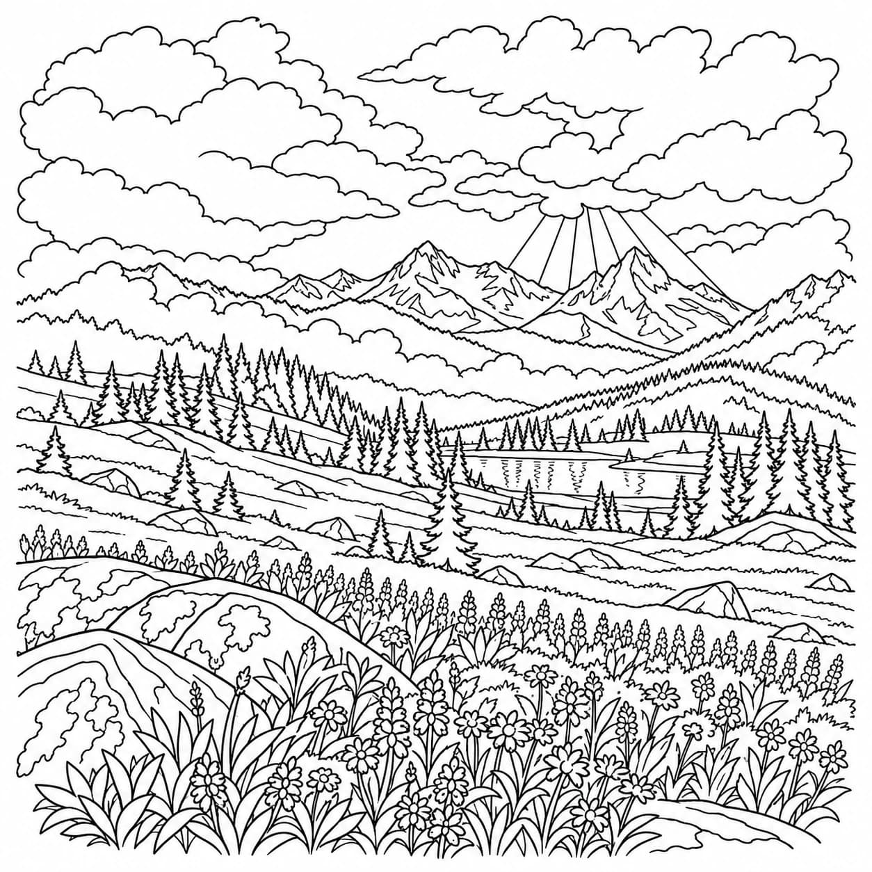 Coloring: Alpine wildflower meadow clearing storm coloring page