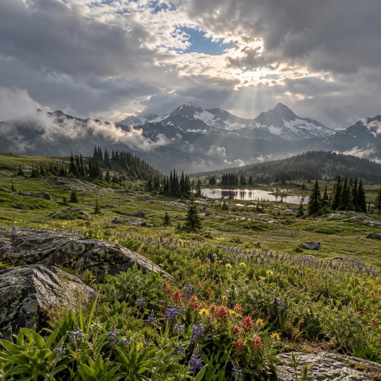 Realistic source: Alpine wildflower meadow clearing storm coloring page