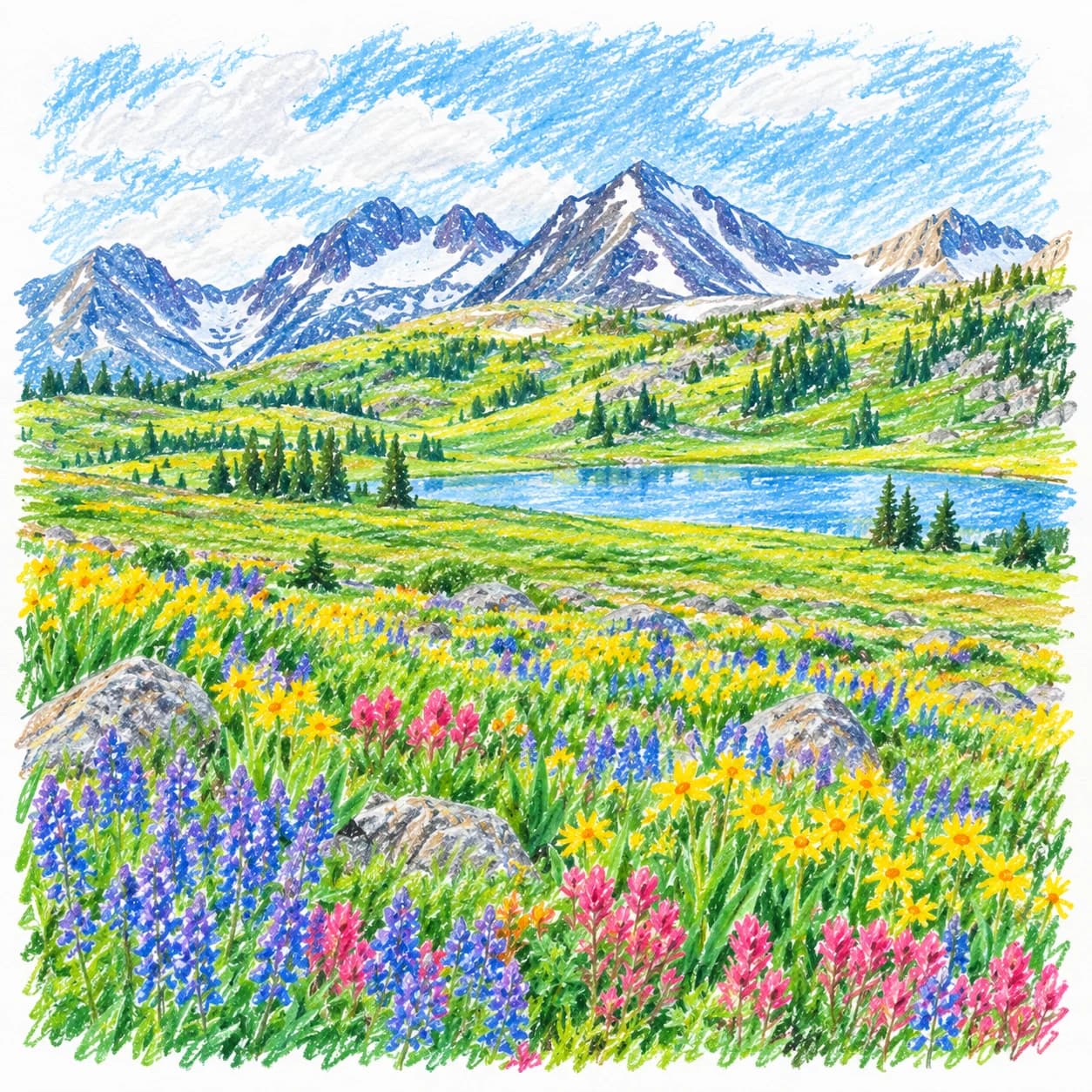 Modèle colorié: Coloriage d'une prairie alpine fleurie : fleurs de saison