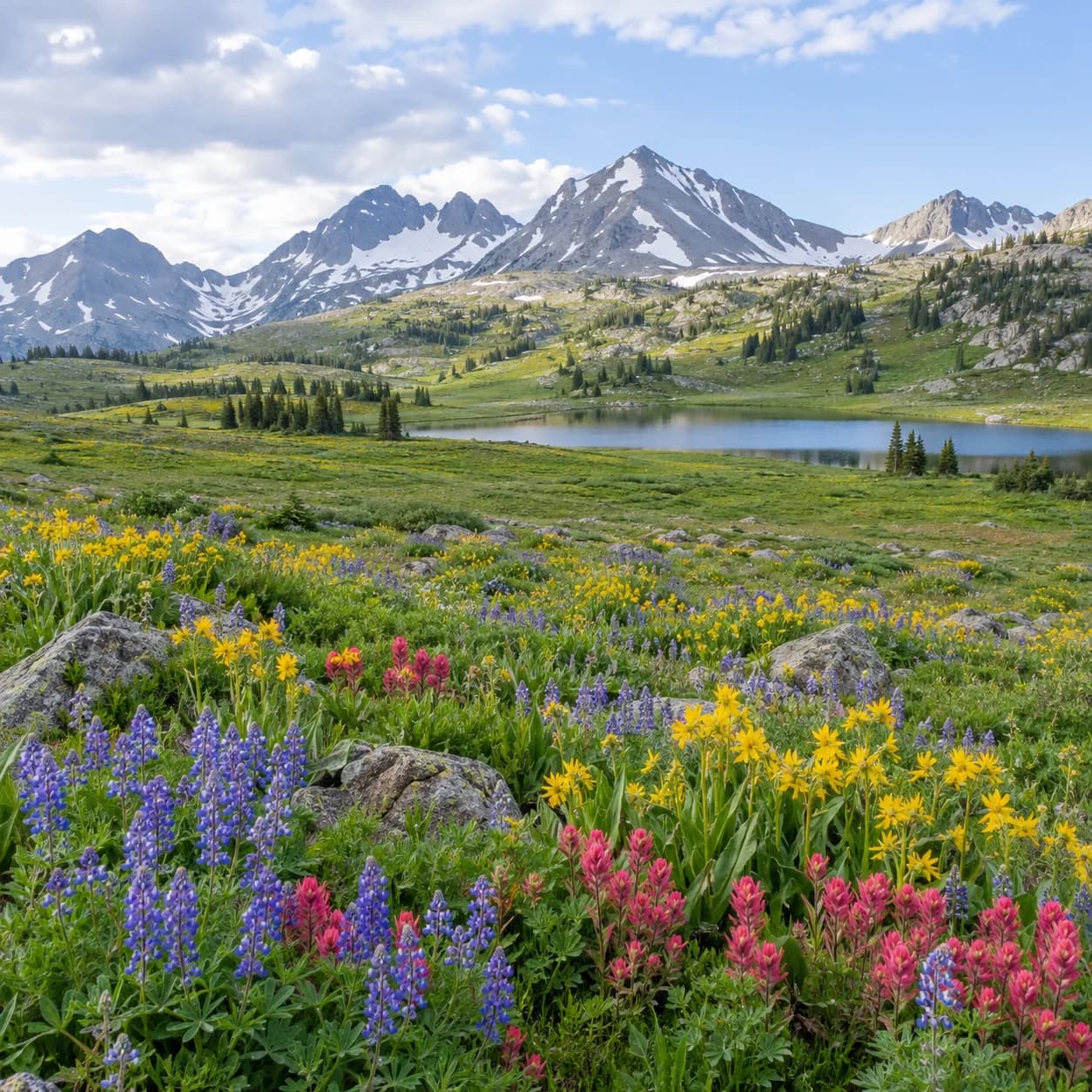 Photo réaliste: Coloriage d'une prairie alpine fleurie : fleurs de saison