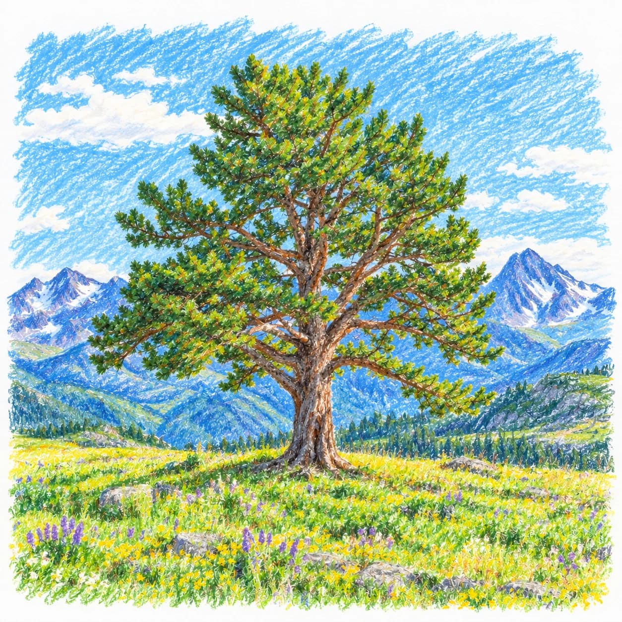 Colored model: Alpine wildflower meadow solitary tree coloring page