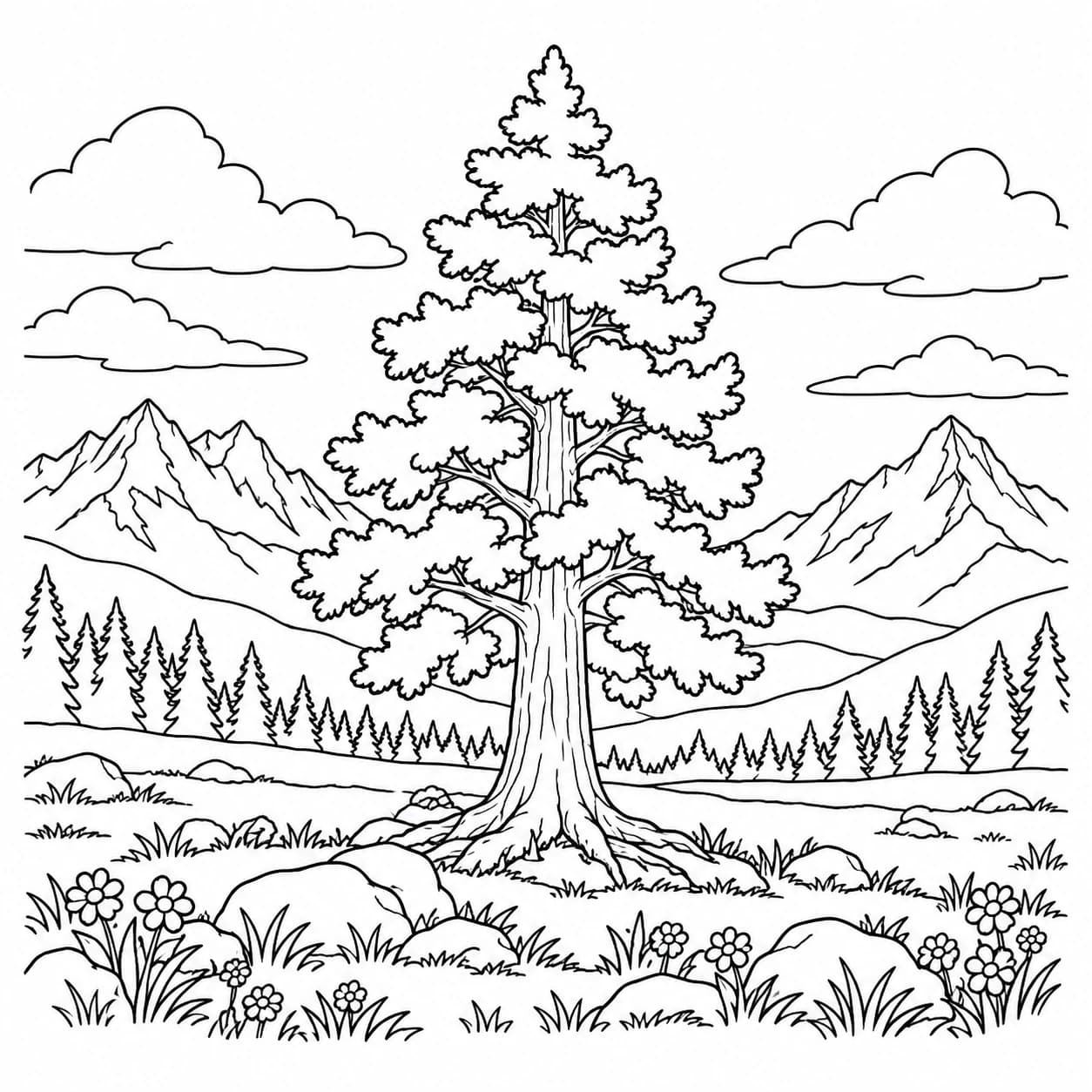 Coloriage: Coloriage d'une prairie alpine fleurie : arbre solitaire