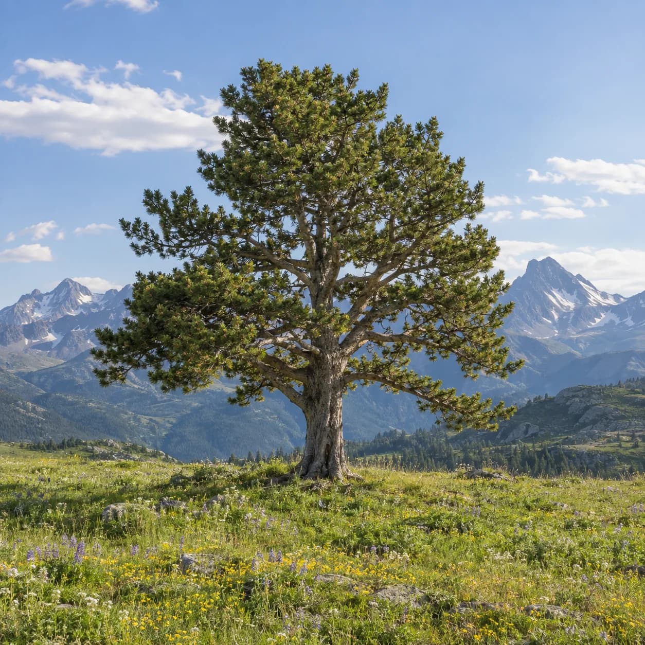 Realistic source: Alpine wildflower meadow solitary tree coloring page