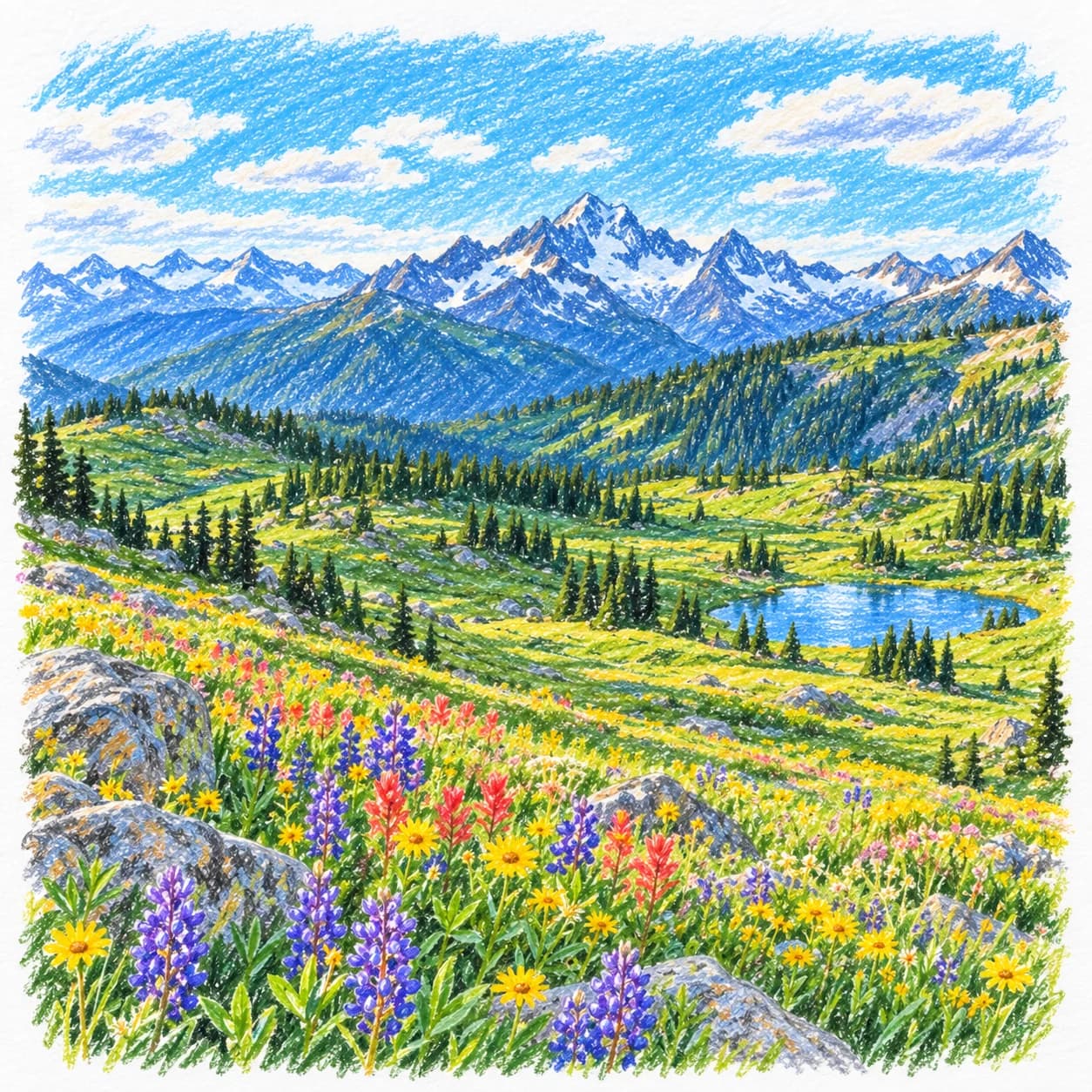 Colored model: Alpine wildflower meadow wide panorama coloring page