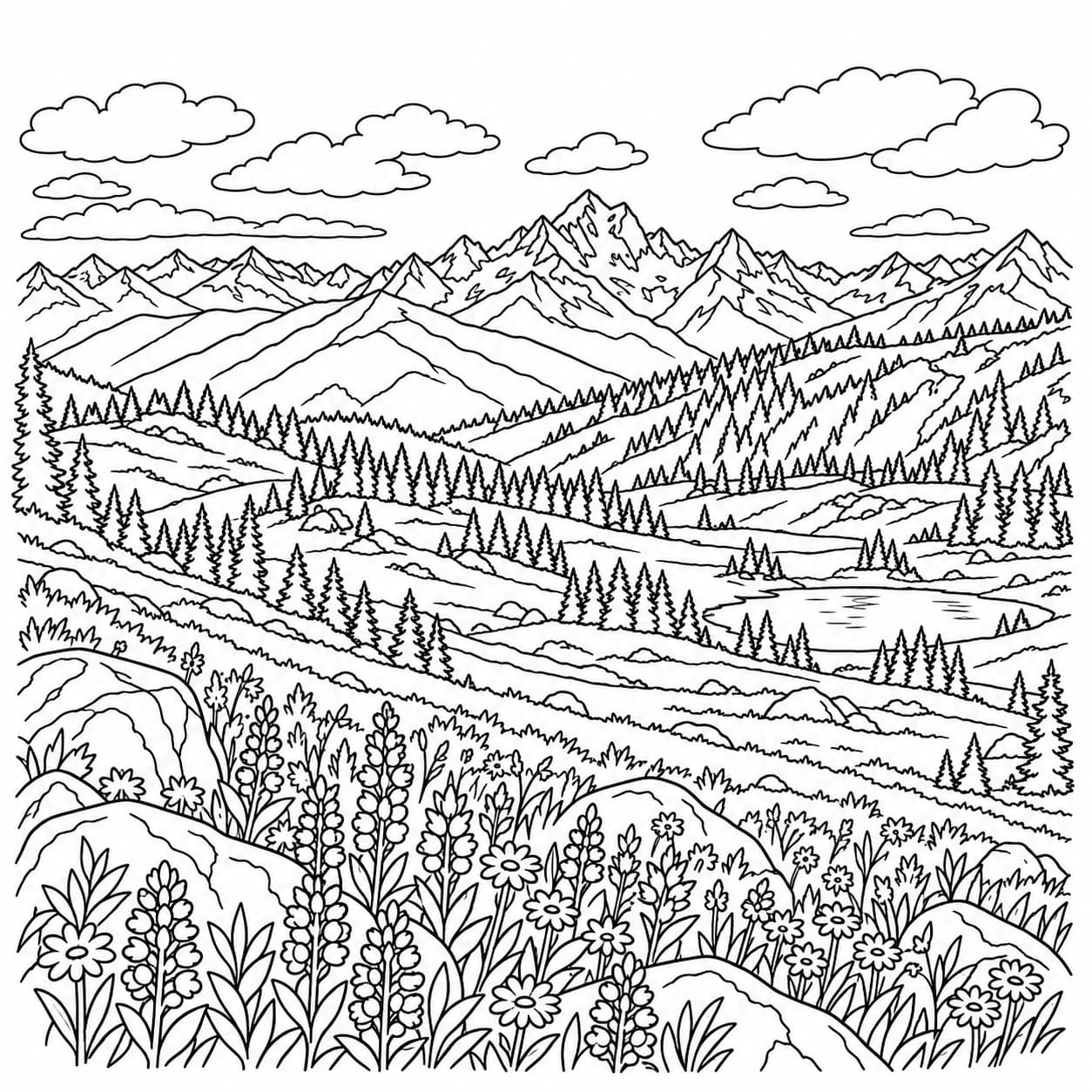 Coloriage: Coloriage d'une prairie alpine fleurie : vaste panorama