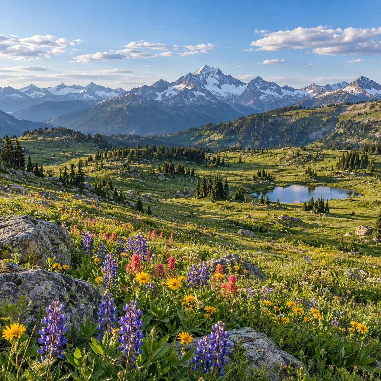 Realistic source: Alpine wildflower meadow wide panorama coloring page