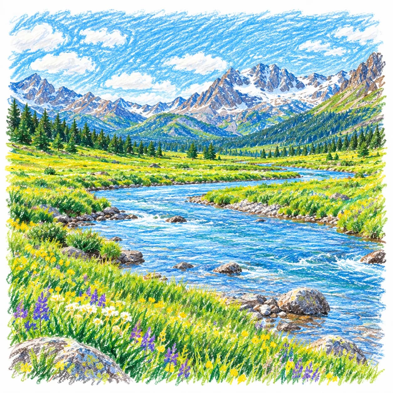 Modèle colorié: Coloriage d'une prairie alpine fleurie : rivière sinueuse