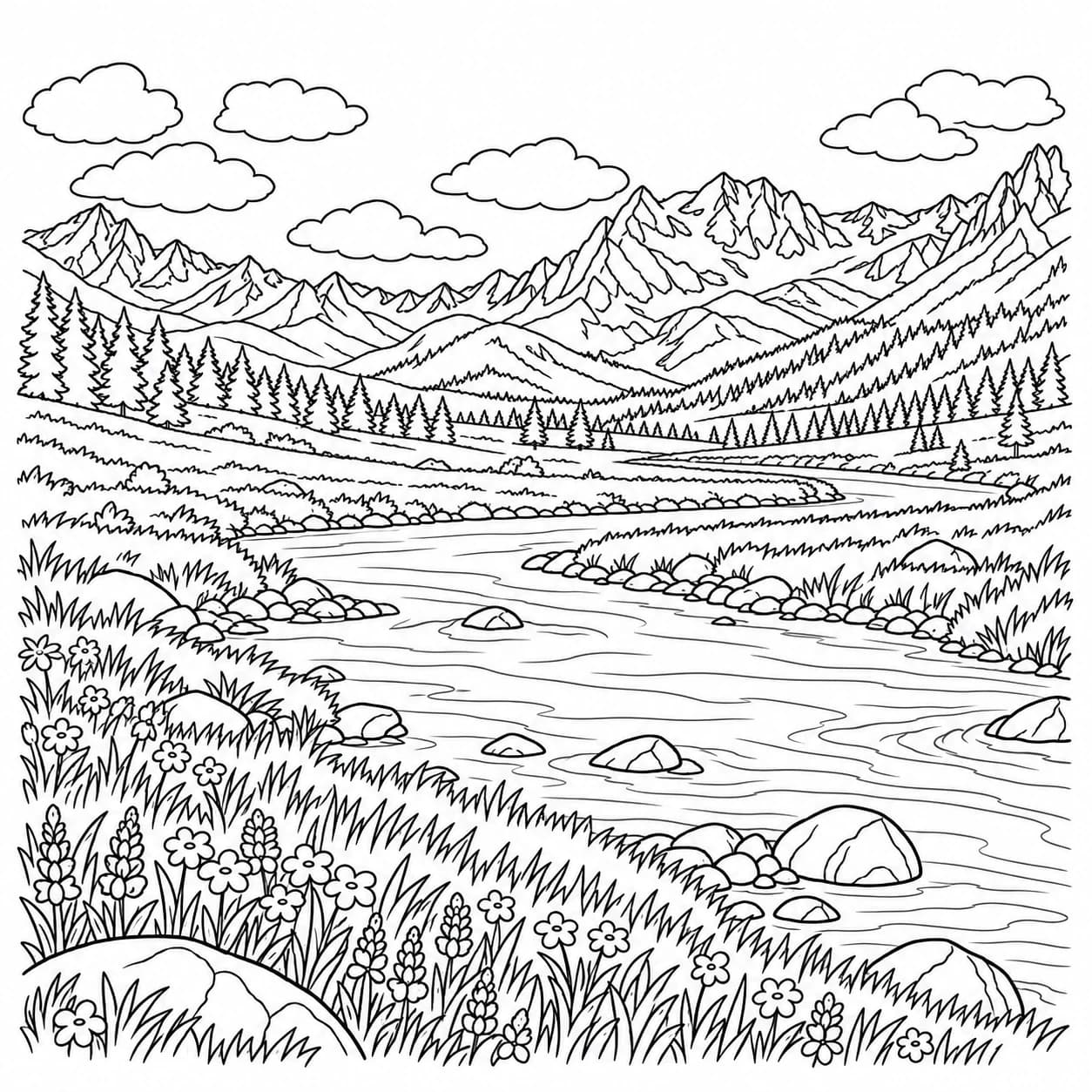 Coloring: Alpine wildflower meadow winding river coloring page