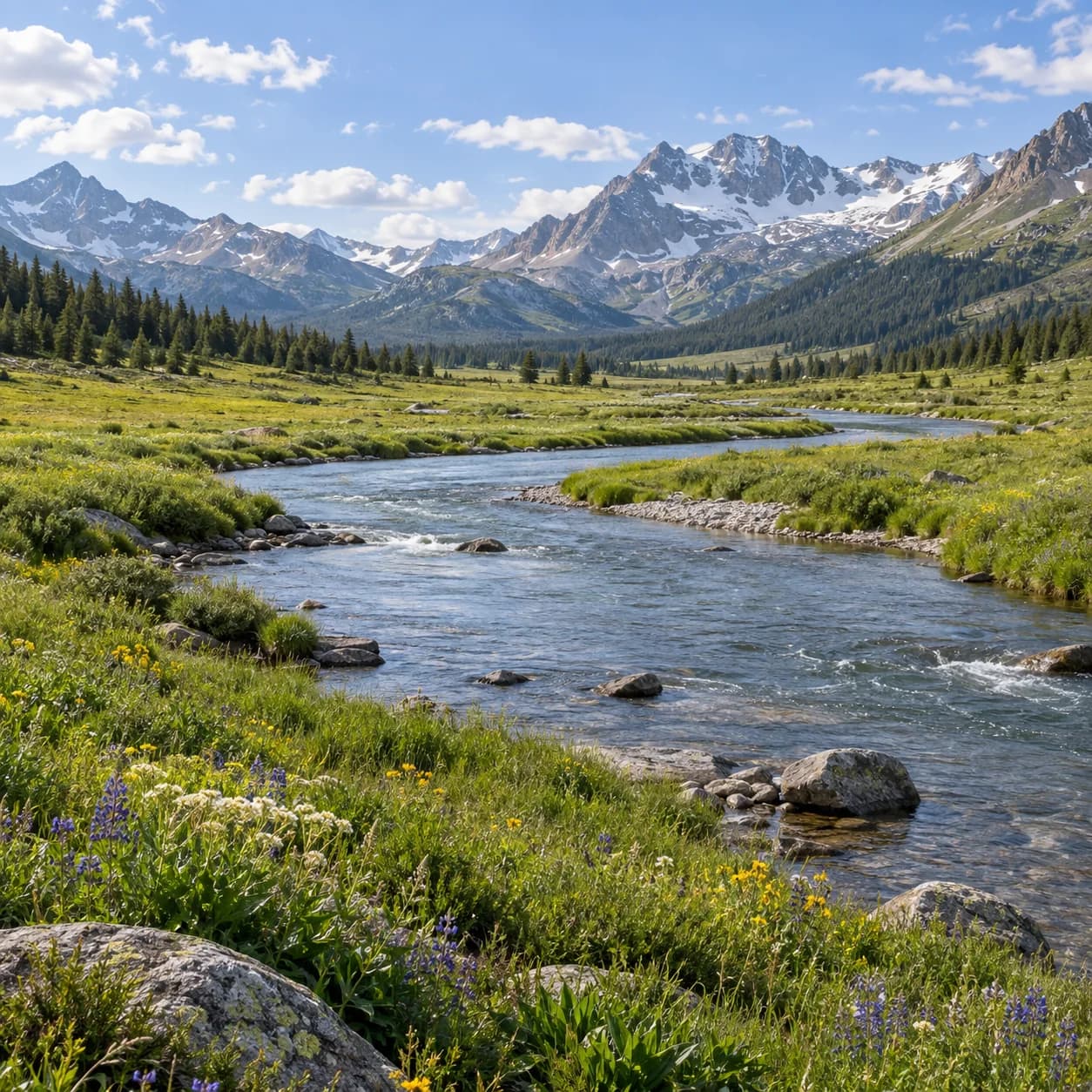 Photo réaliste: Coloriage d'une prairie alpine fleurie : rivière sinueuse