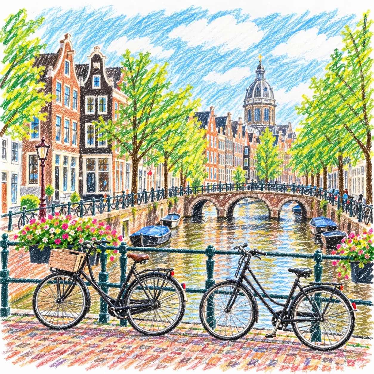 Modèle colorié: Coloriage des canaux d'Amsterdam