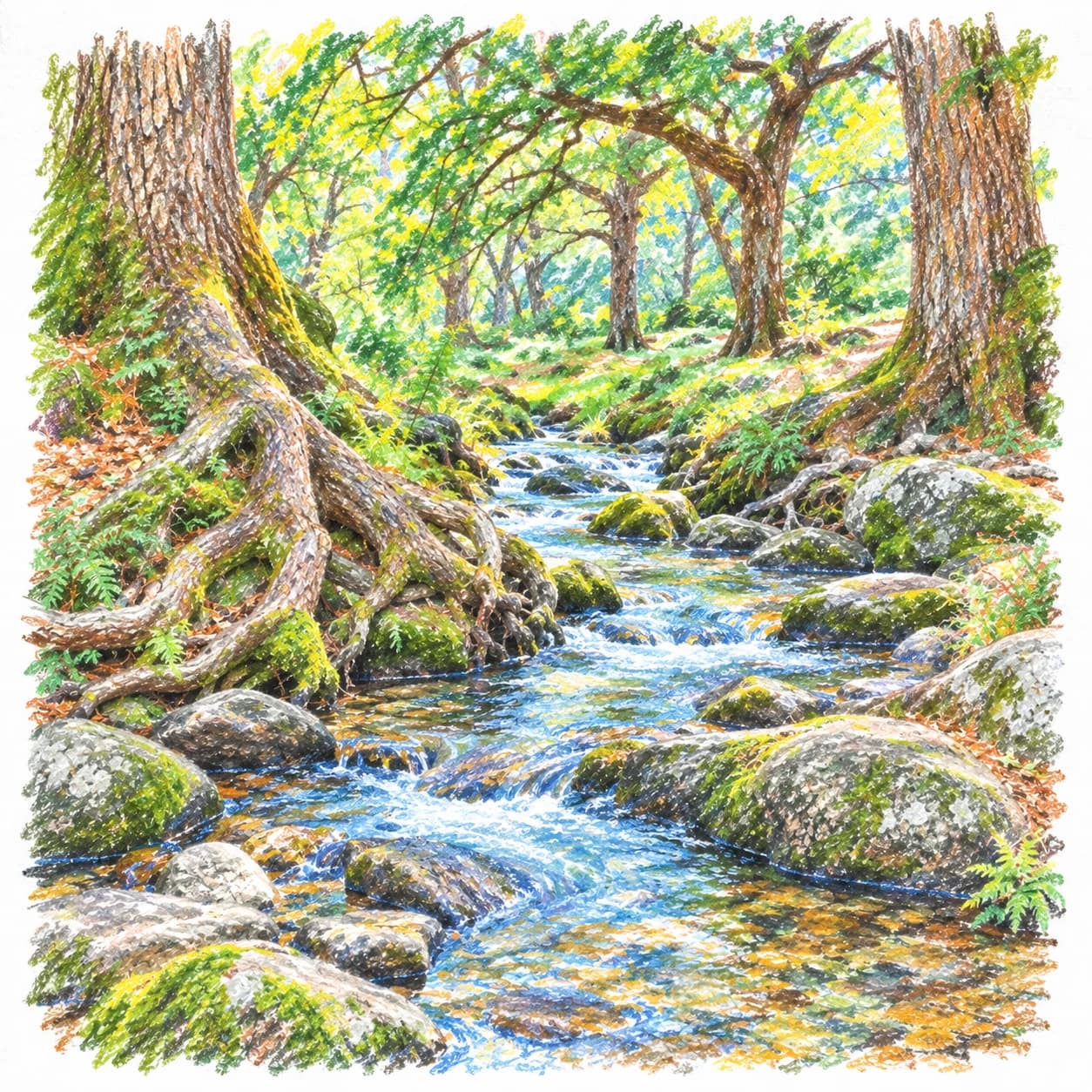 Colored model: Ancient oak woodland clear stream coloring page