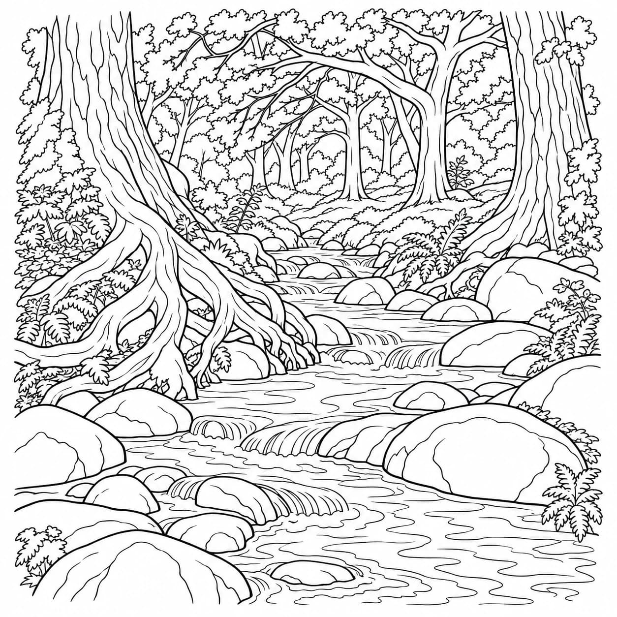 Coloriage: Coloriage d'une chênaie ancienne : ruisseau limpide