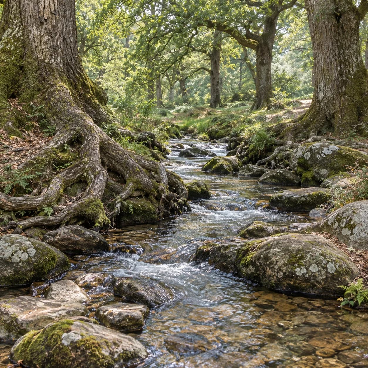 Realistic source: Ancient oak woodland clear stream coloring page