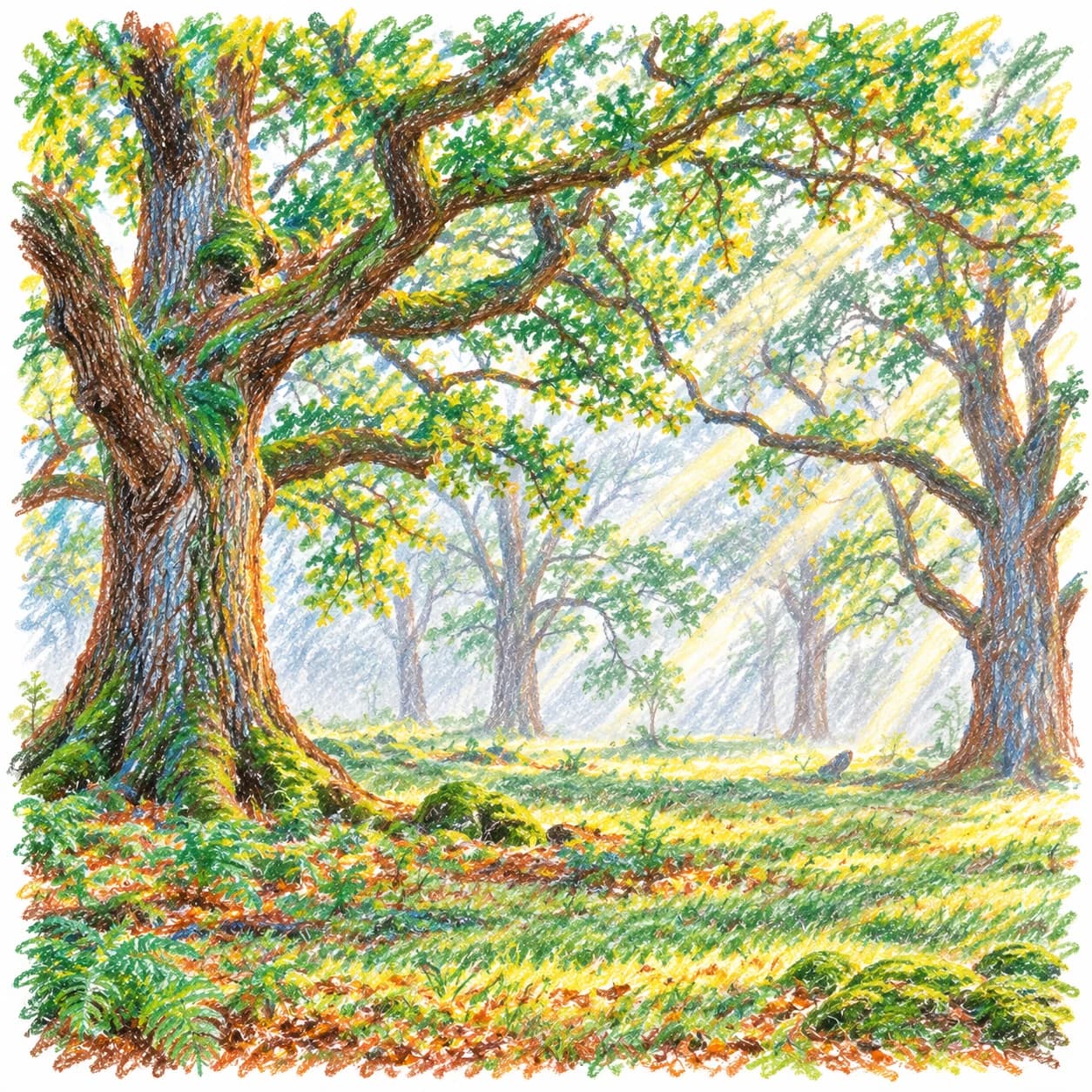 Modèle colorié: Coloriage d'une chênaie ancienne : canopée brumeuse