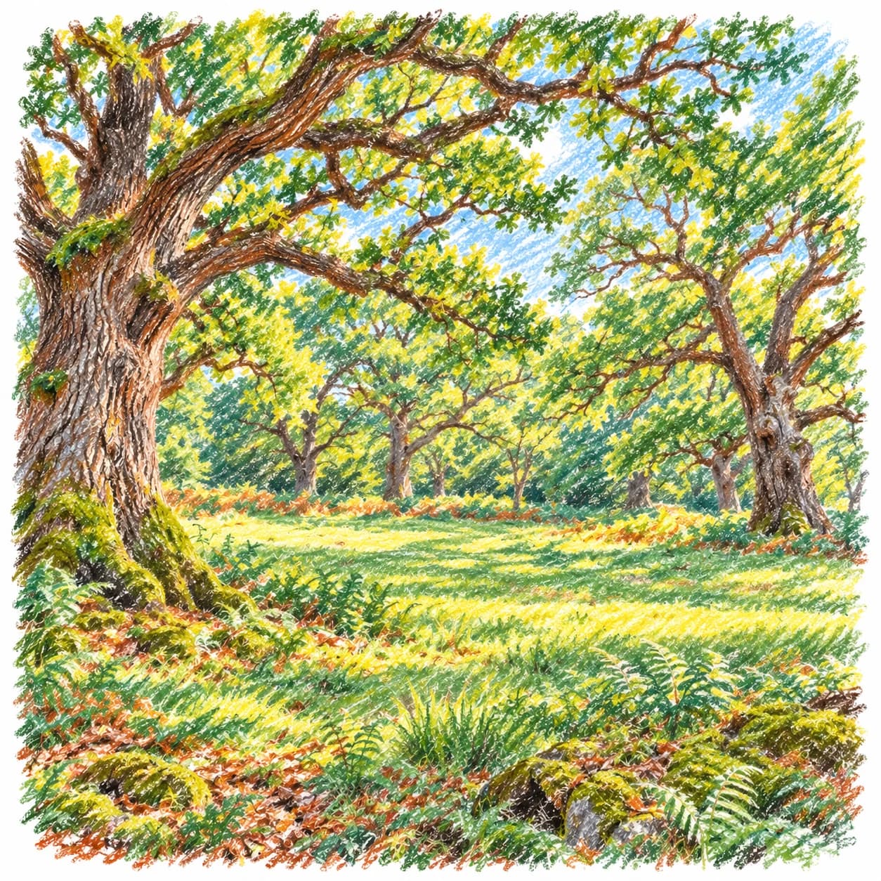 Modèle colorié: Coloriage d'une chênaie ancienne : clairière ensoleillée