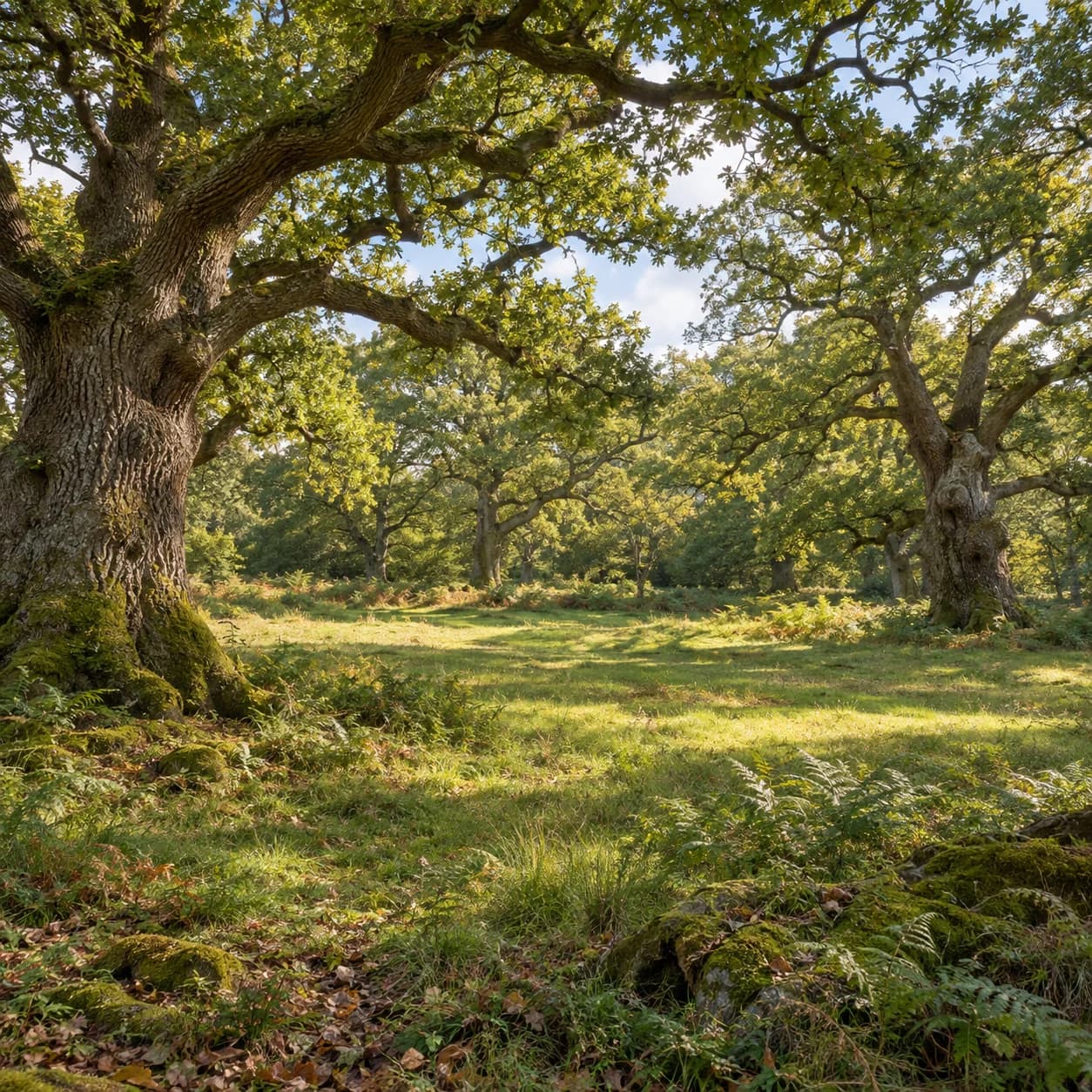 Realistic source: Ancient oak woodland sunlit clearing coloring page