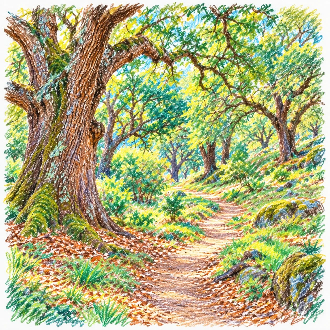 Modèle colorié: Coloriage d'une chênaie ancienne : sentier sinueux