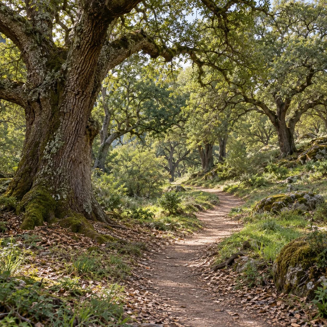Photo réaliste: Coloriage d'une chênaie ancienne : sentier sinueux