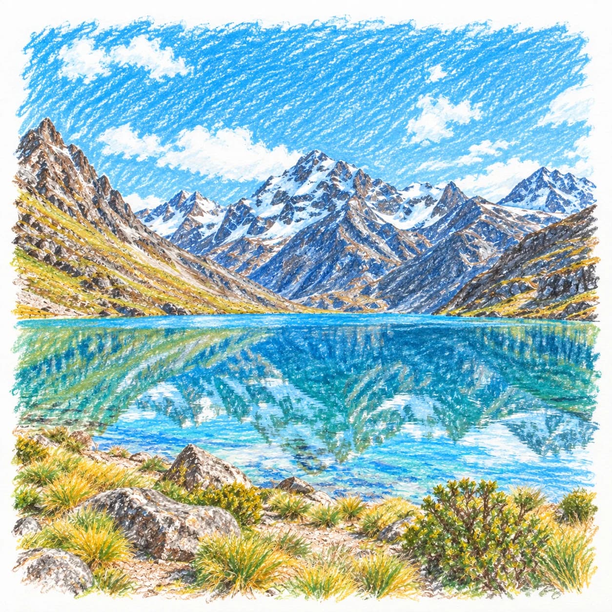 Modèle colorié: Coloriage de la cordillère des Andes : lac glaciaire