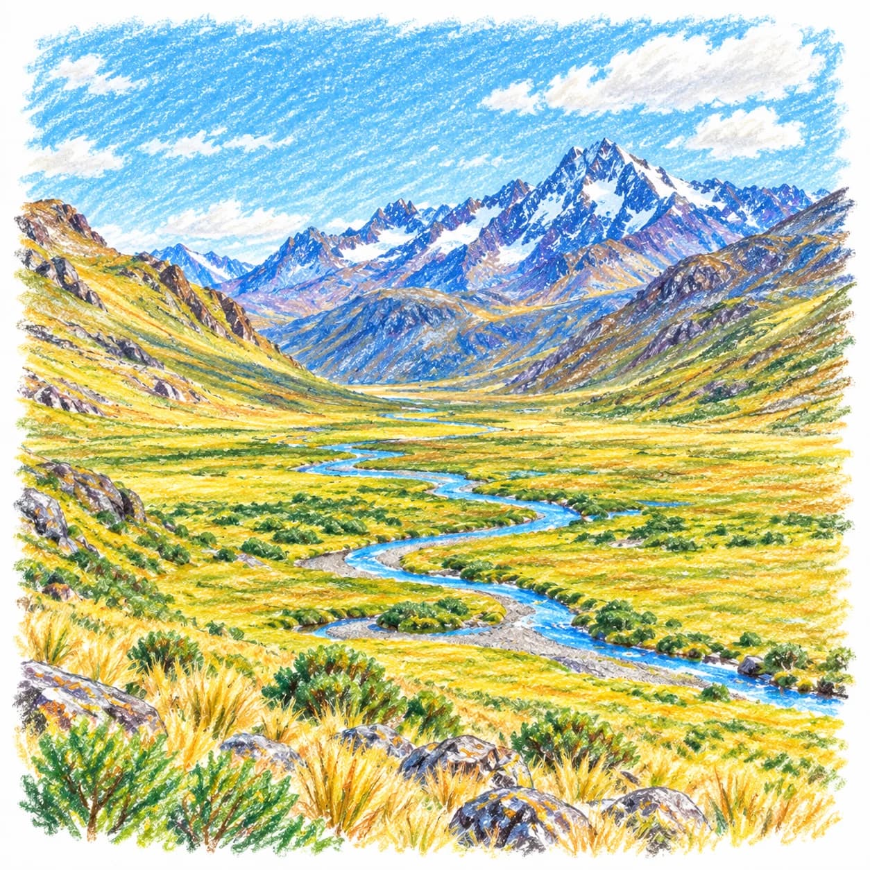 Modèle colorié: Coloriage de la cordillère des Andes : haute vallée