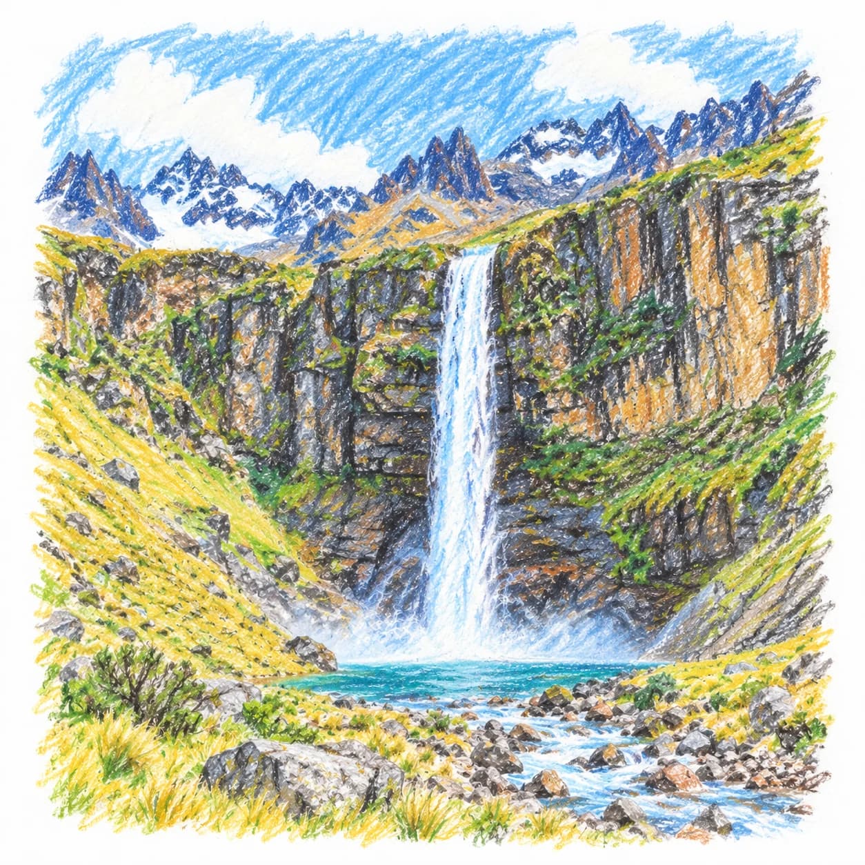 Colored model: Andean range mountain waterfall coloring page