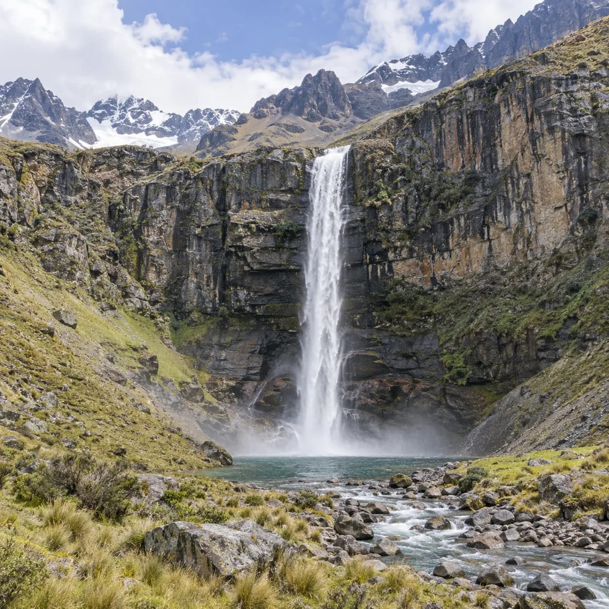 Realistic source: Andean range mountain waterfall coloring page