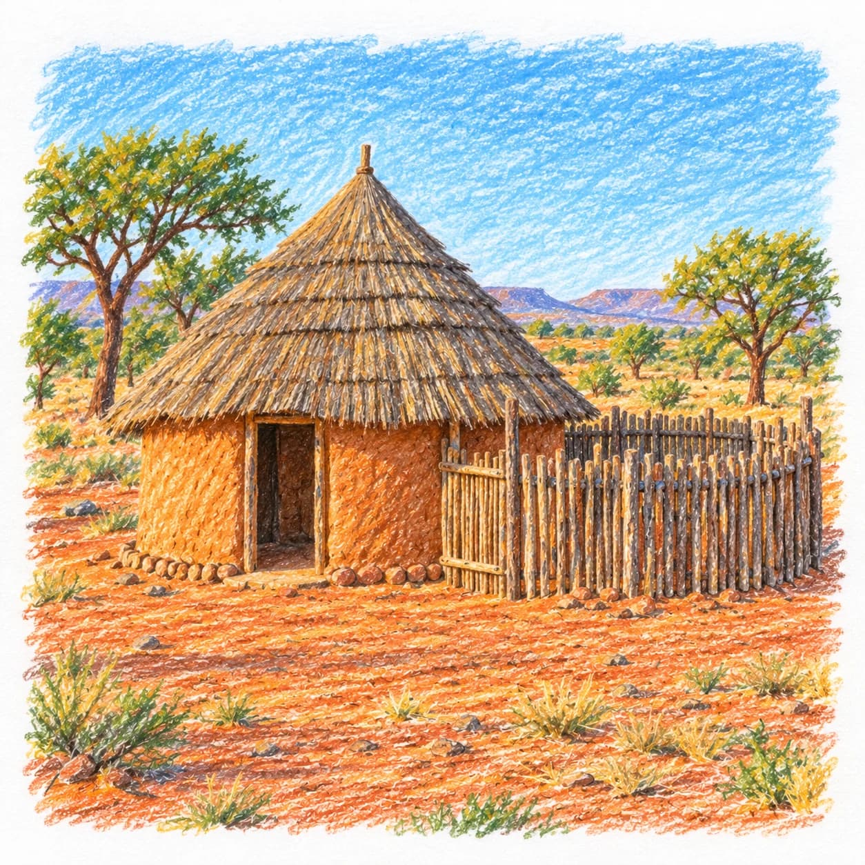 Colored model: Angola coloring page: round hut and wooden fence