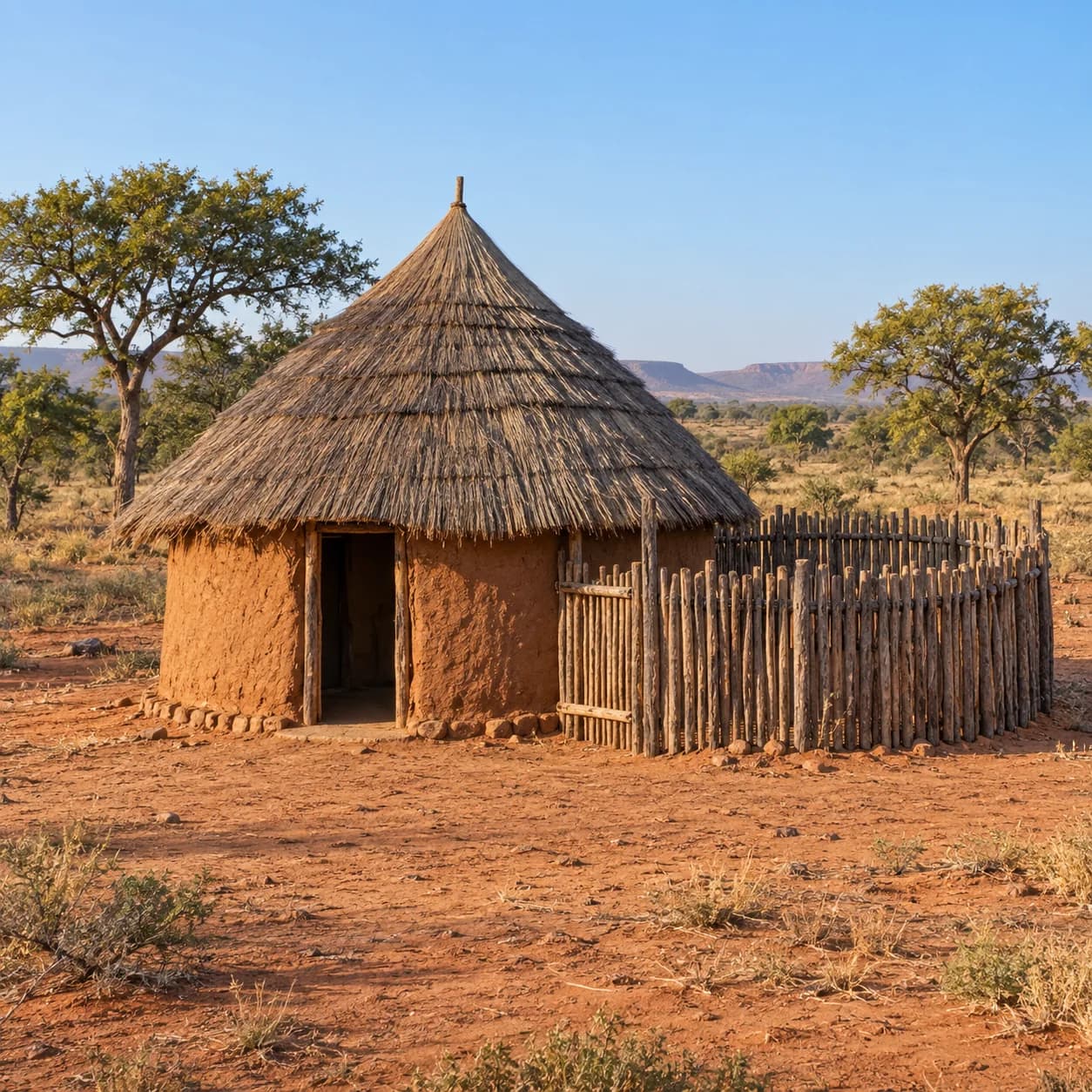 Realistic source: Angola coloring page: round hut and wooden fence