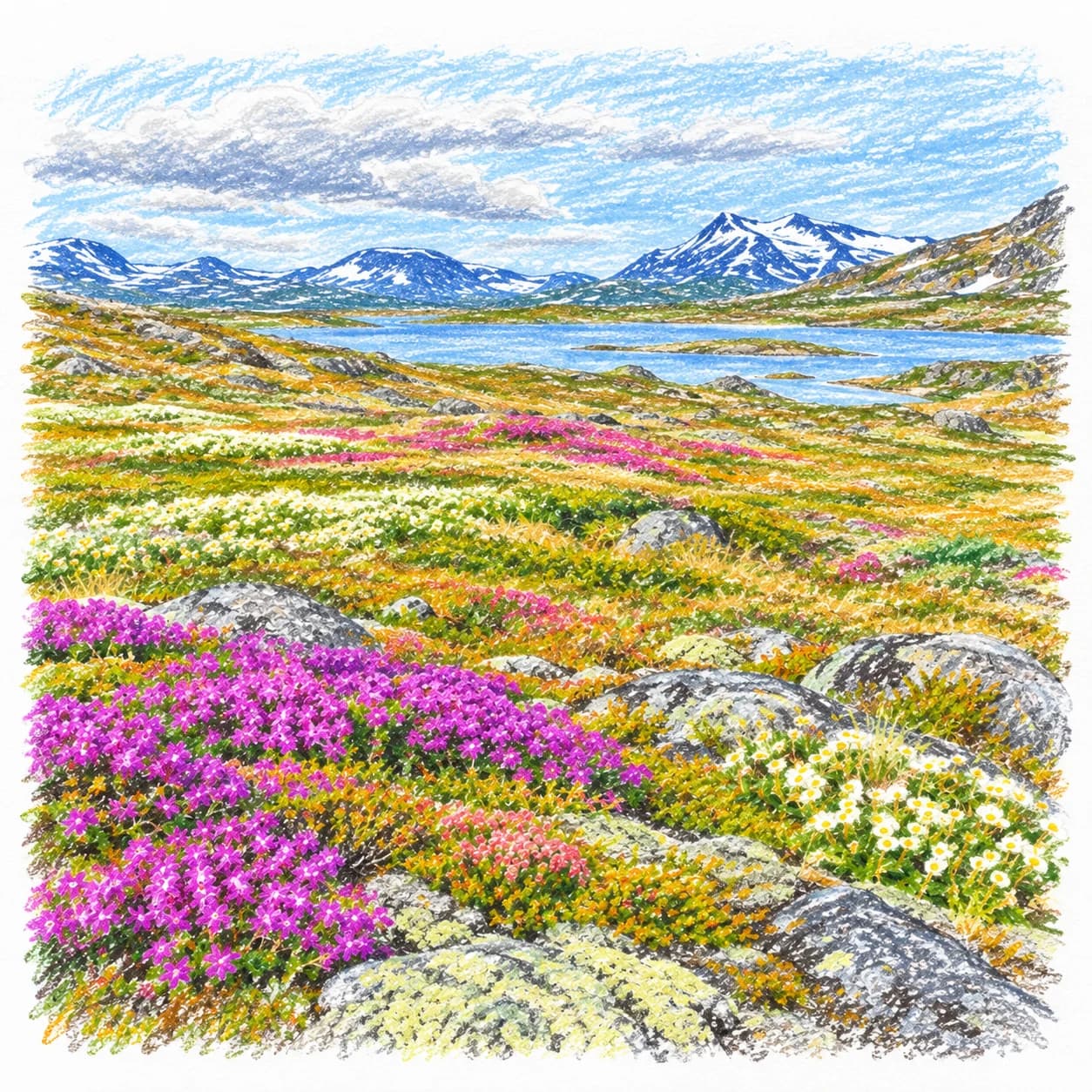 Modèle colorié: Coloriage de la toundra arctique : fleurs de saison