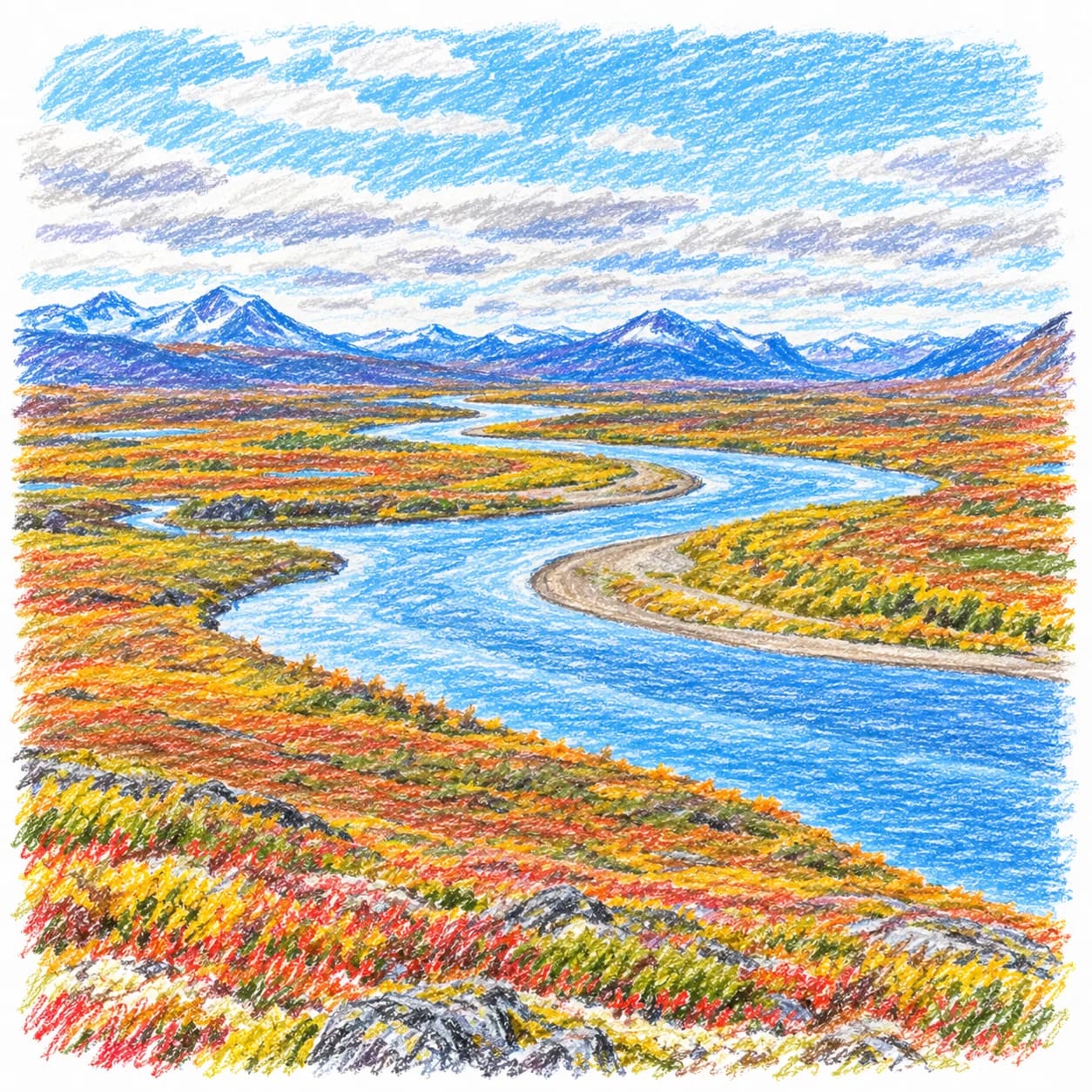 Modèle colorié: Coloriage de la toundra arctique : rivière sinueuse