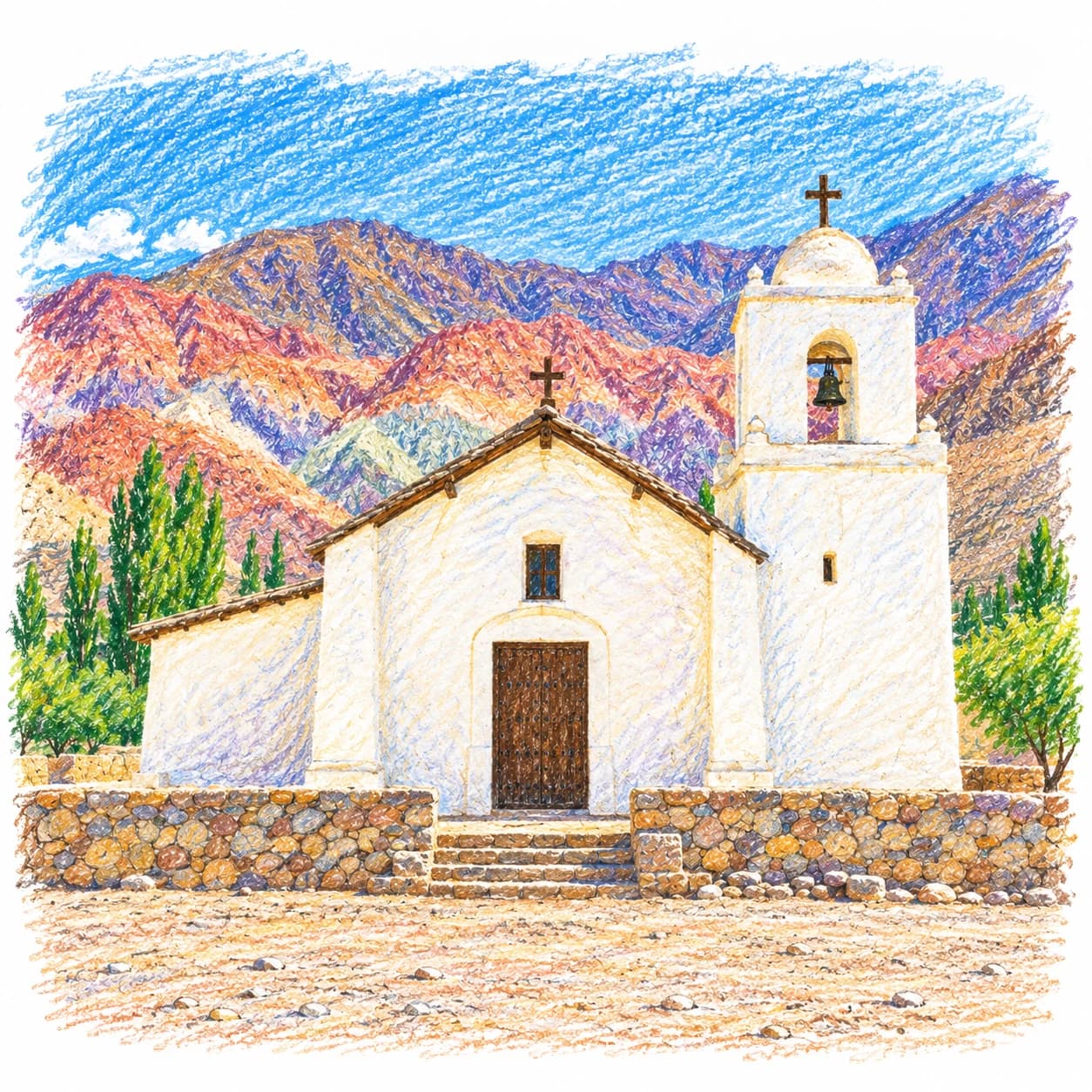 Modèle colorié: Coloriage de l'Argentine : chapelle et montagnes colorées