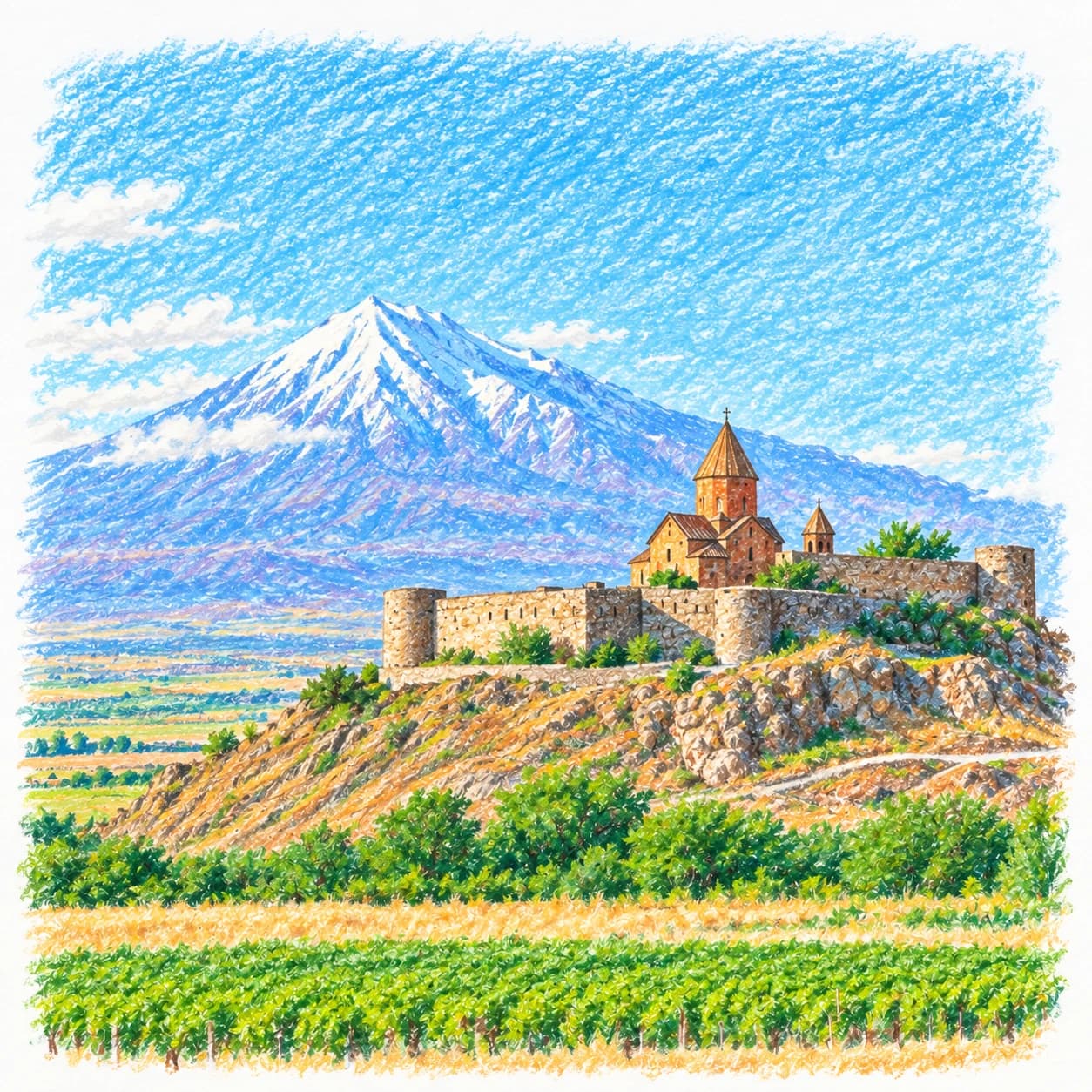 Colored model: Armenia coloring page: monastery below Mount Ararat
